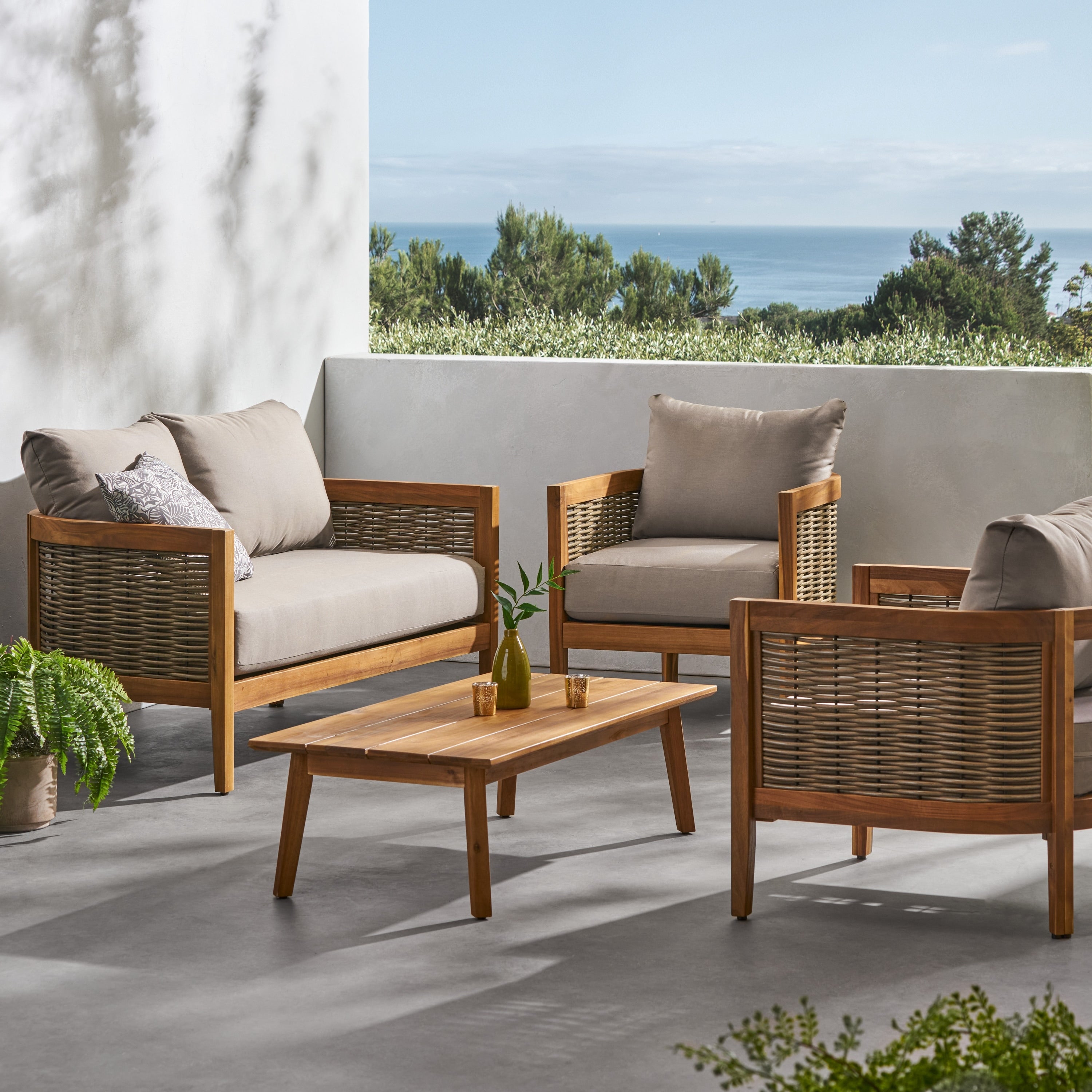 Burchett Outdoor Acacia Wood 4 Seater Chat Set With Cushions By Christopher Knight Home