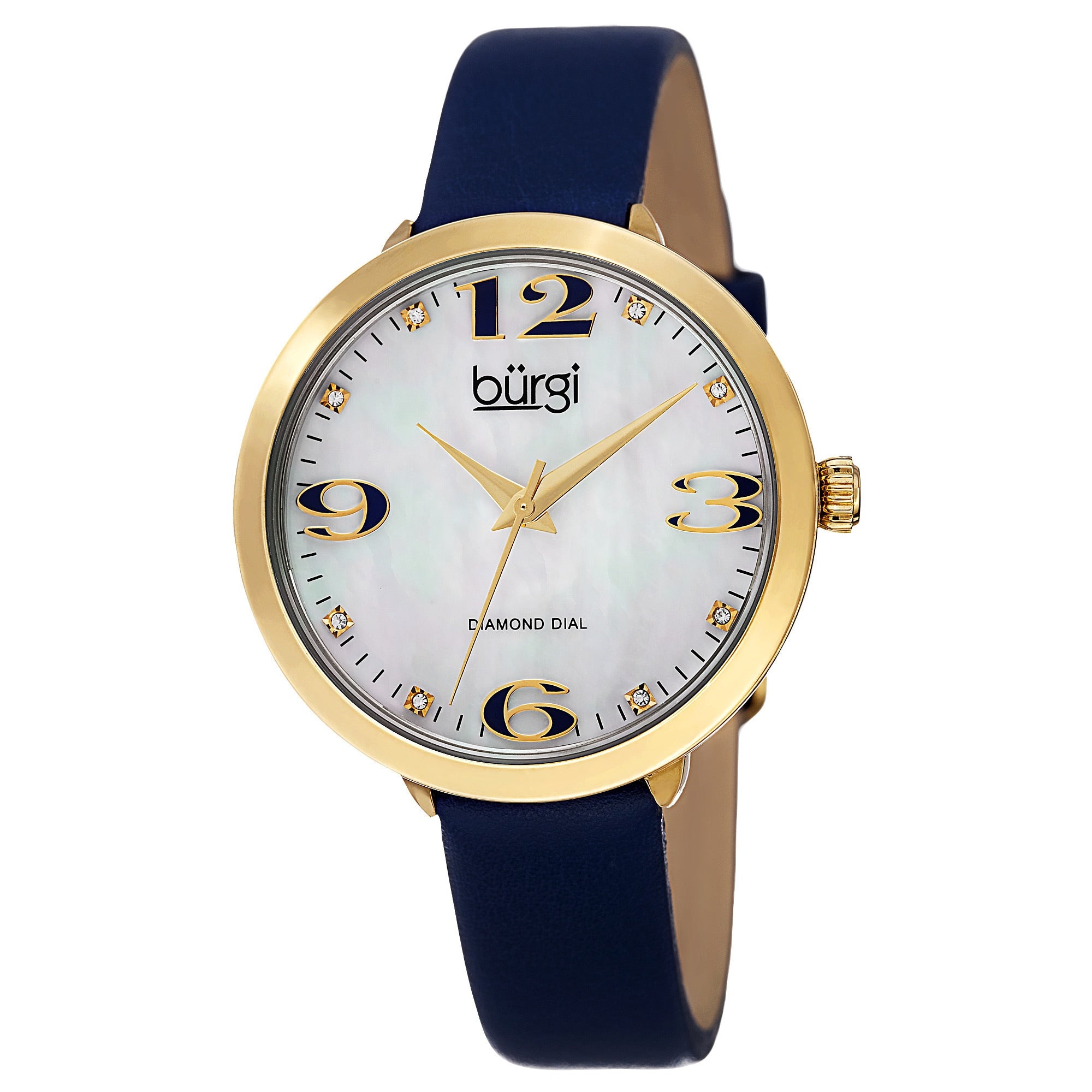 Burgi Classic Womens Quartz Diamond Markers Leather Blue Strap Watch