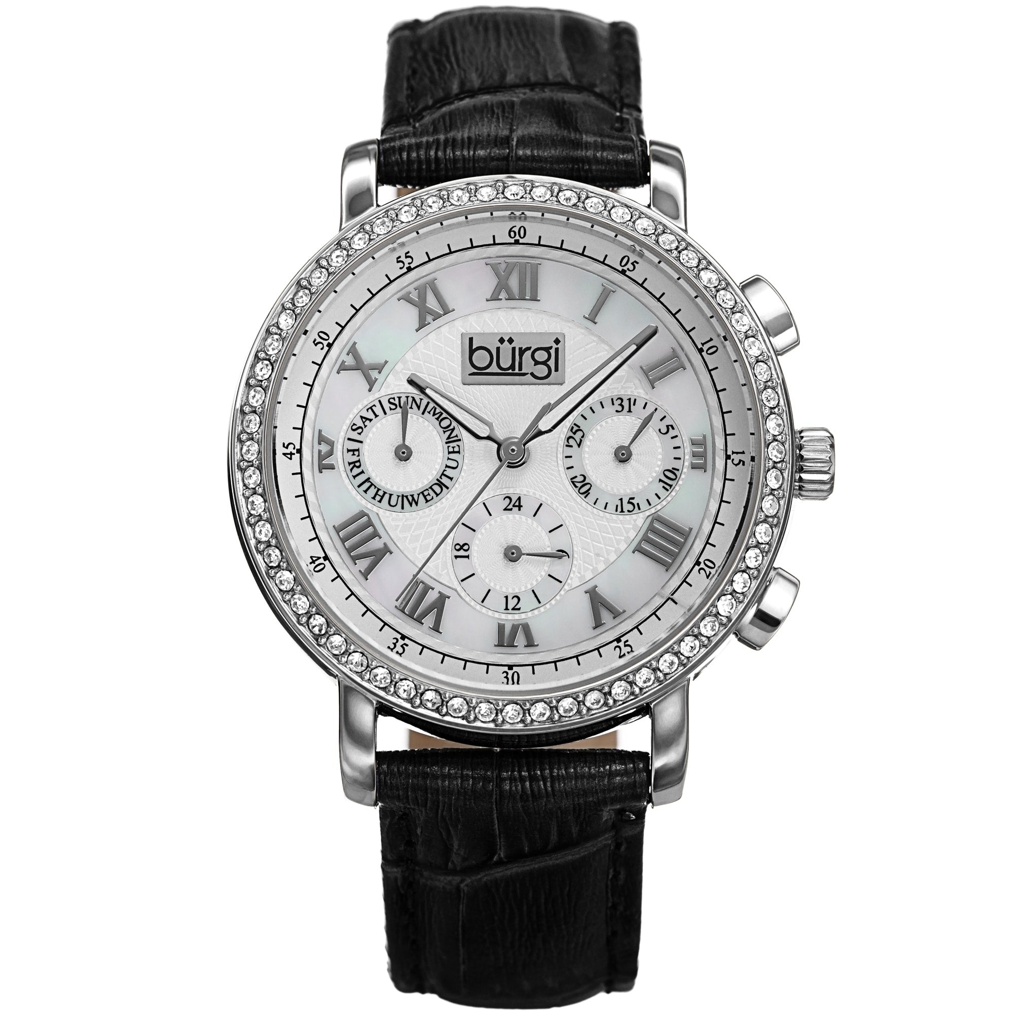 Burgi Ladies Crystal Accented Swiss Quartz Multifunction Leather Black Strap Watch