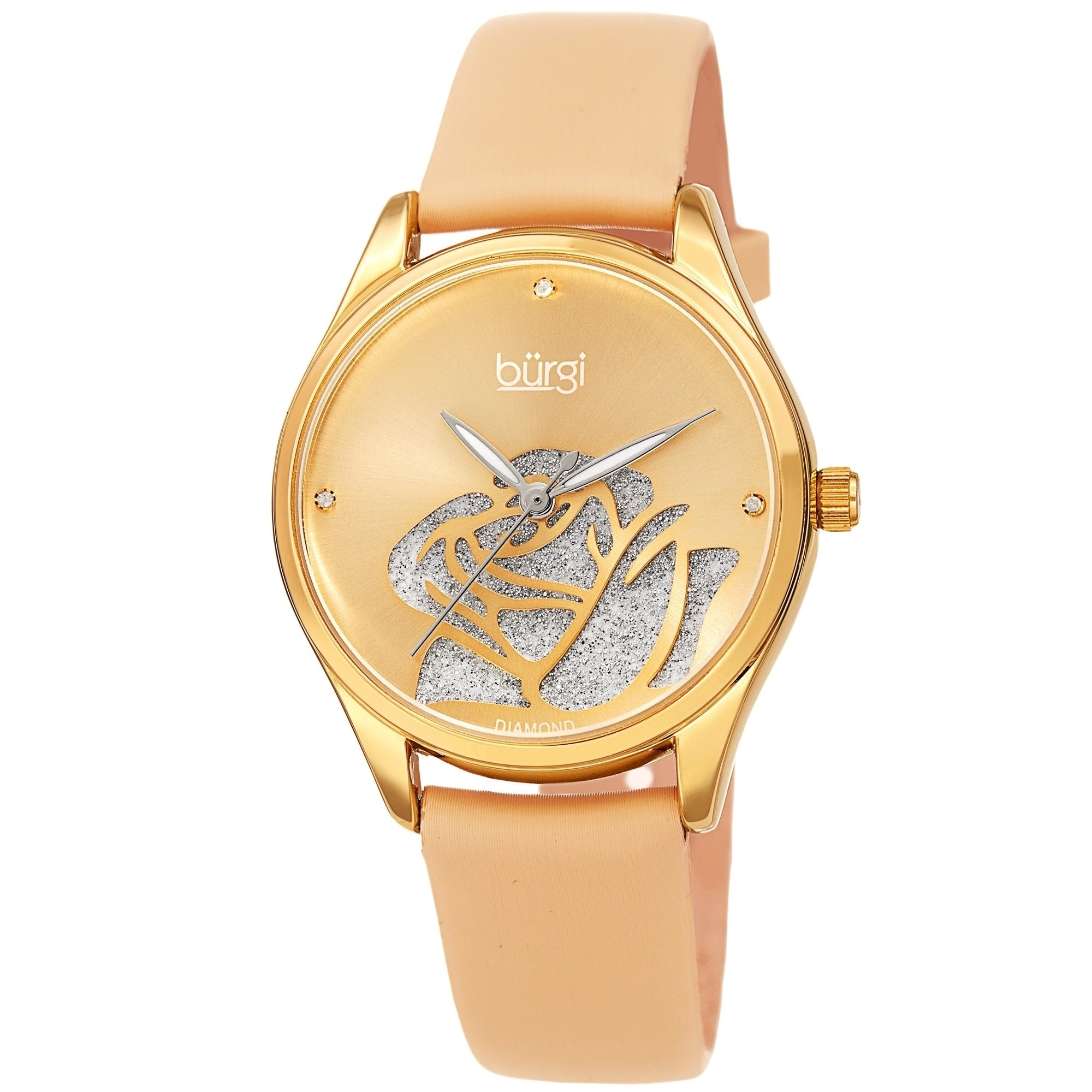 Burgi Ladies Diamond Glitter Rose Floral Beige Leather Strap Watch
