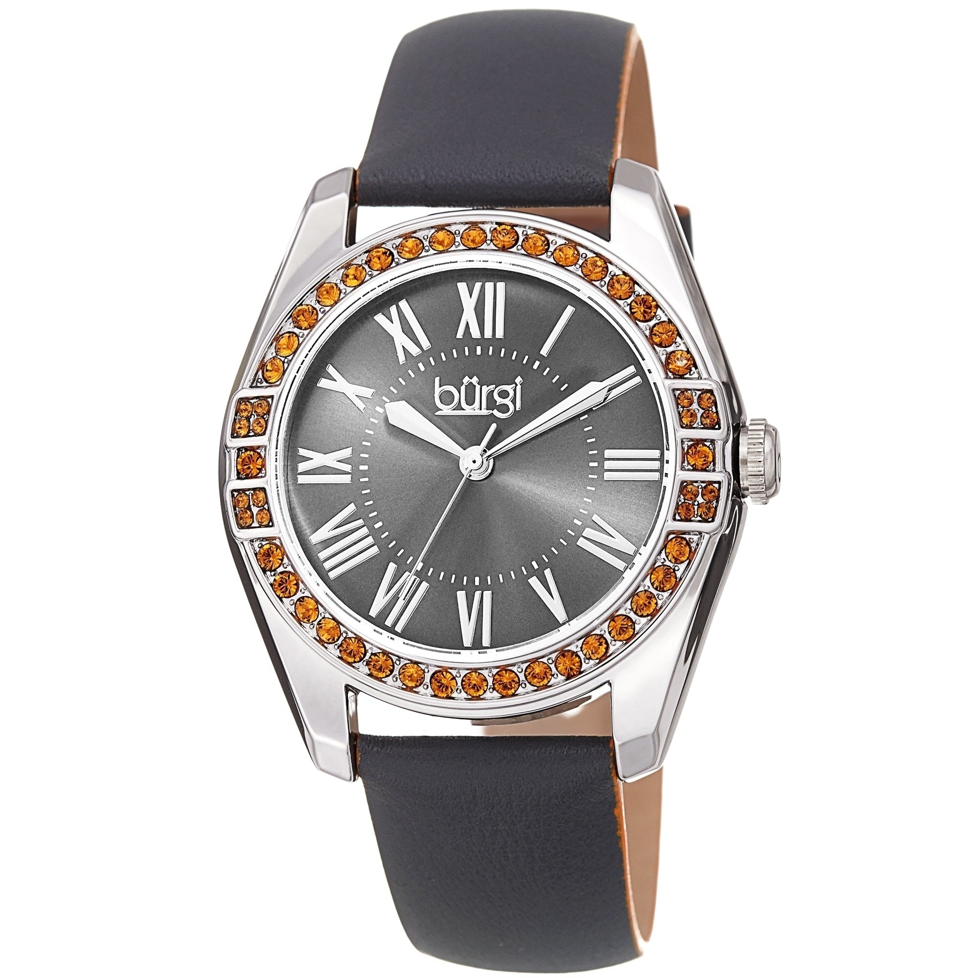 Burgi Ladies Swarovski Crystal Sunray Dial Grey Leather Strap Watch