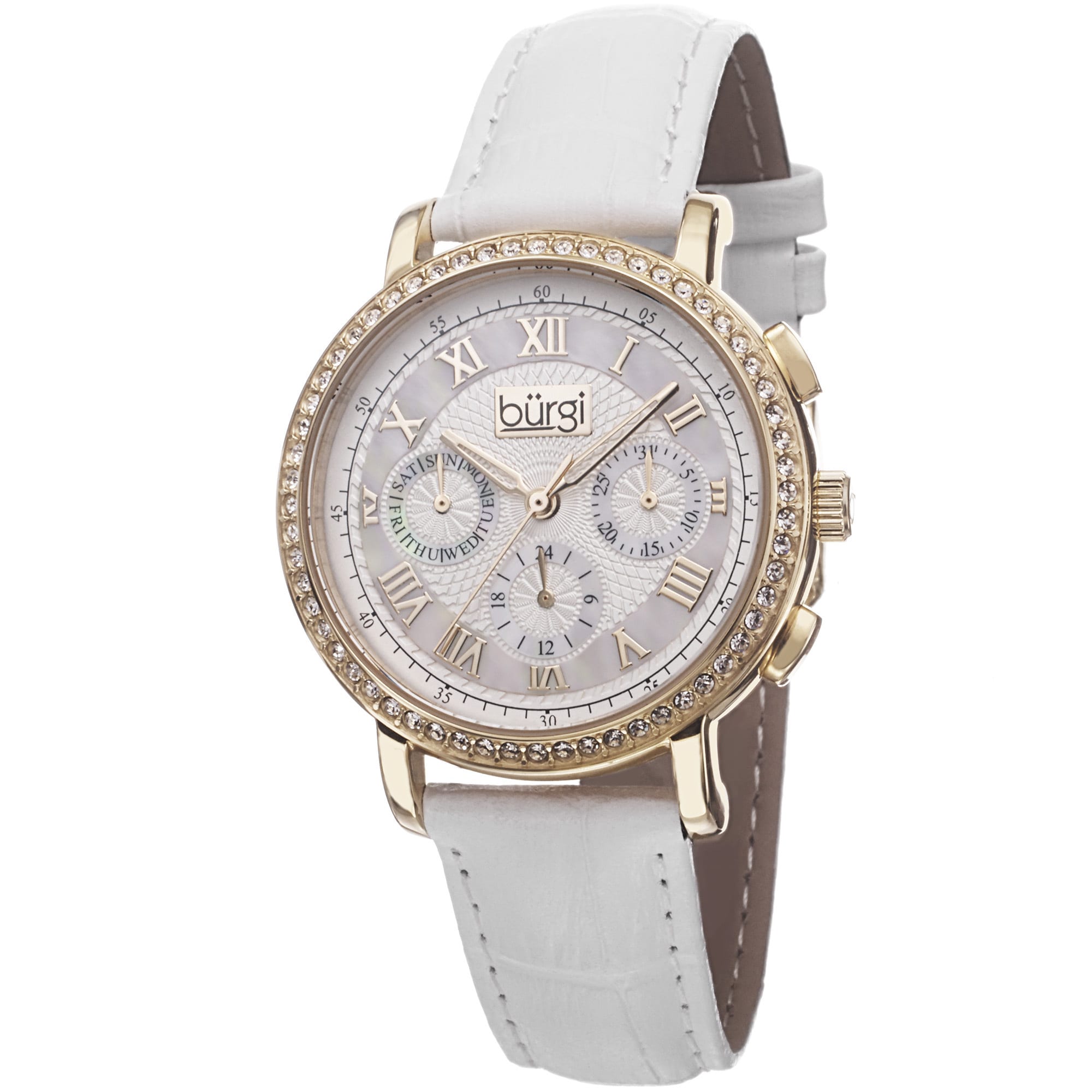 Burgi Ladies Swiss Quartz Multifunction Leather Gold Tone Strap Watch