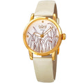 Burgi Womens Diamond Reed Design Dial Gold Tone White Leather Strap Watch