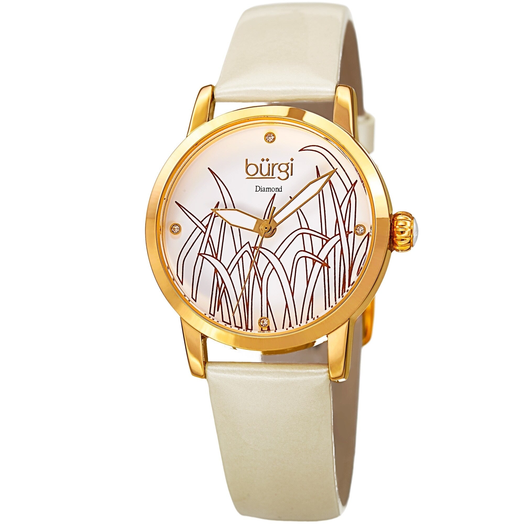 Burgi Womens Diamond Reed Design Dial Gold Tone White Leather Strap Watch