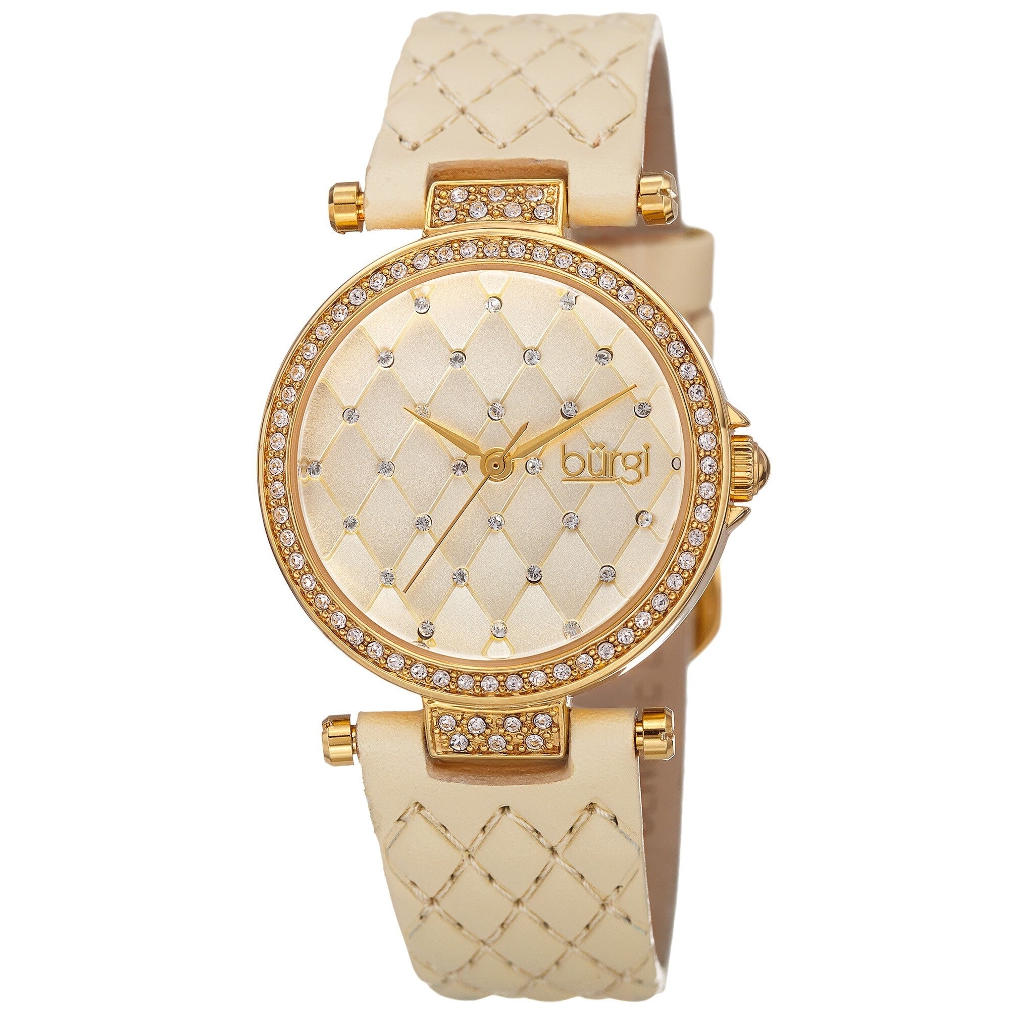 Burgi Womens Swarovski Crystals Quartz Quilted Design Leather Strap Watch