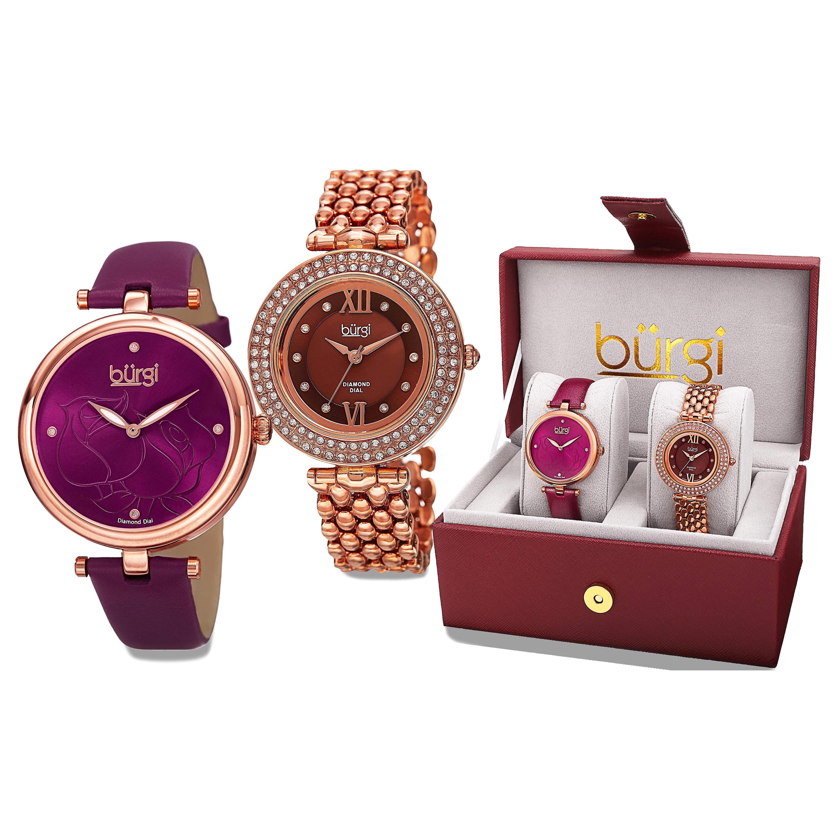 Burgi Womens Colorful Leather Rose Tone Strap Alloy Bracelet 2 Piece Watch Set Purple