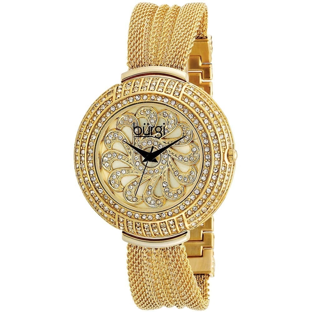 Burgi Womens Crystal Mesh Classic Gold Tone Bracelet Quartz Watch
