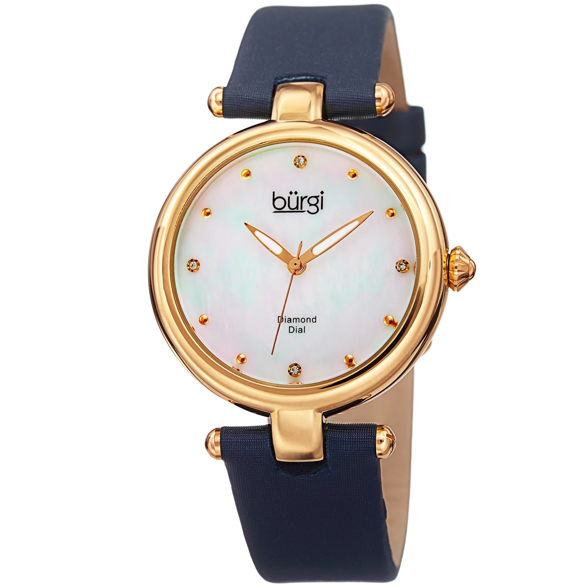 Burgi Womens Dazzling Diamond Gold Tone Dial Blue Leather Strap Watch