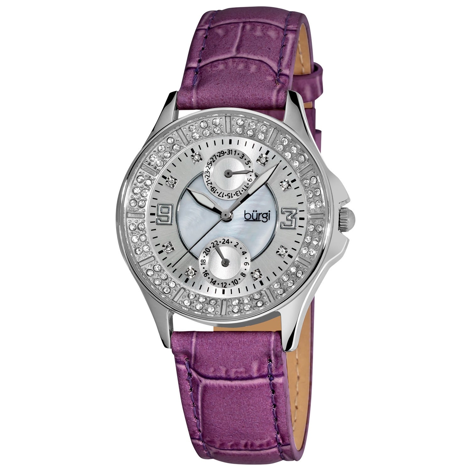 Burgi Womens Diamond Classic Stainless Steel Gmt Date Plum Red Strap Watch