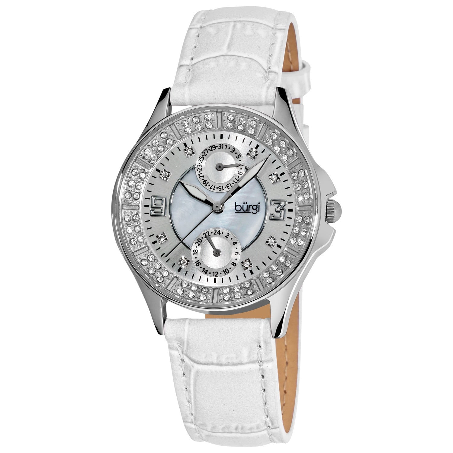 Burgi Womens Diamond Classic Stainless Steel Gmt Date White Strap Watch