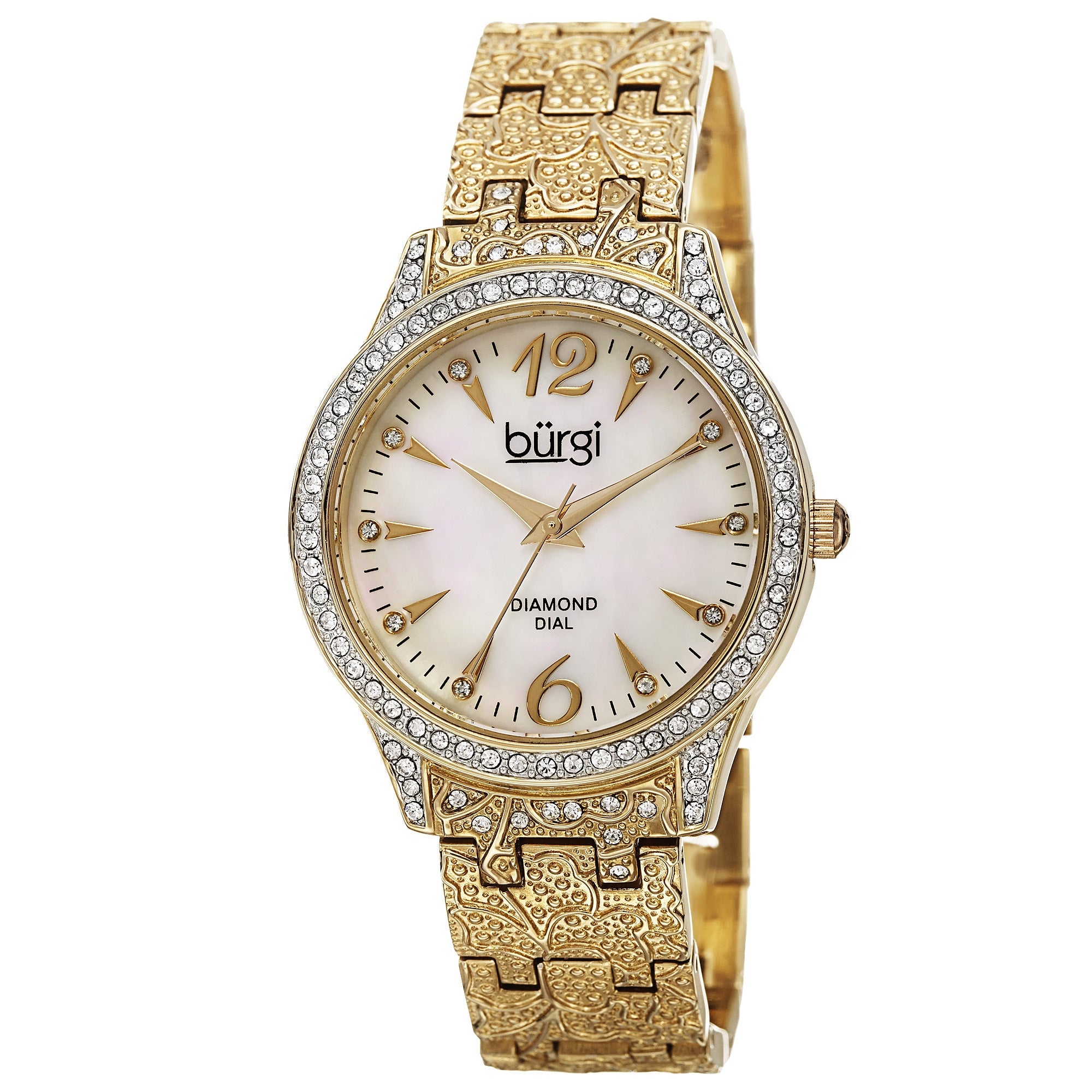 Burgi Womens Diamond Markers Mother Of Pearl Quartz Gold Tone Bracelet Watch