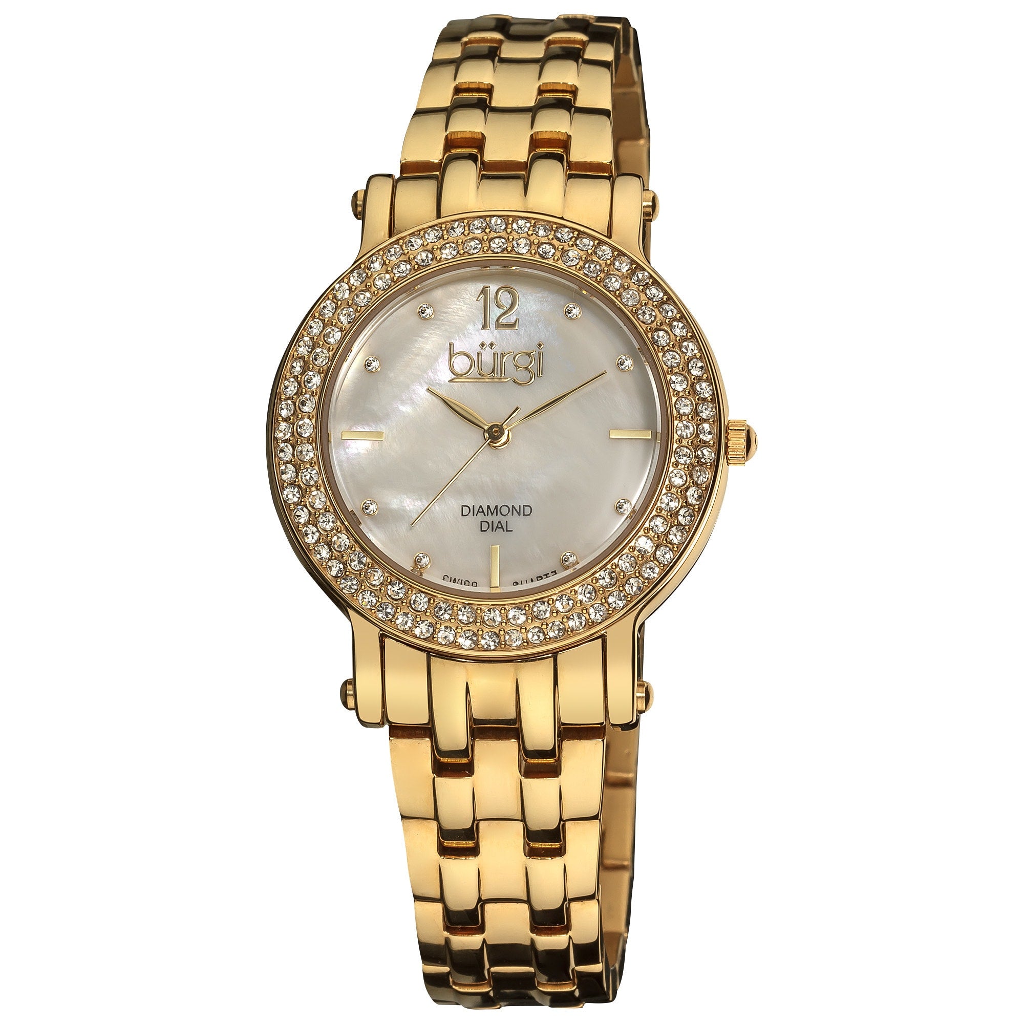 Burgi Womens Diamond Mother Of Pearl Dial Stainless Steel Gold Tone Bracelet Watch White