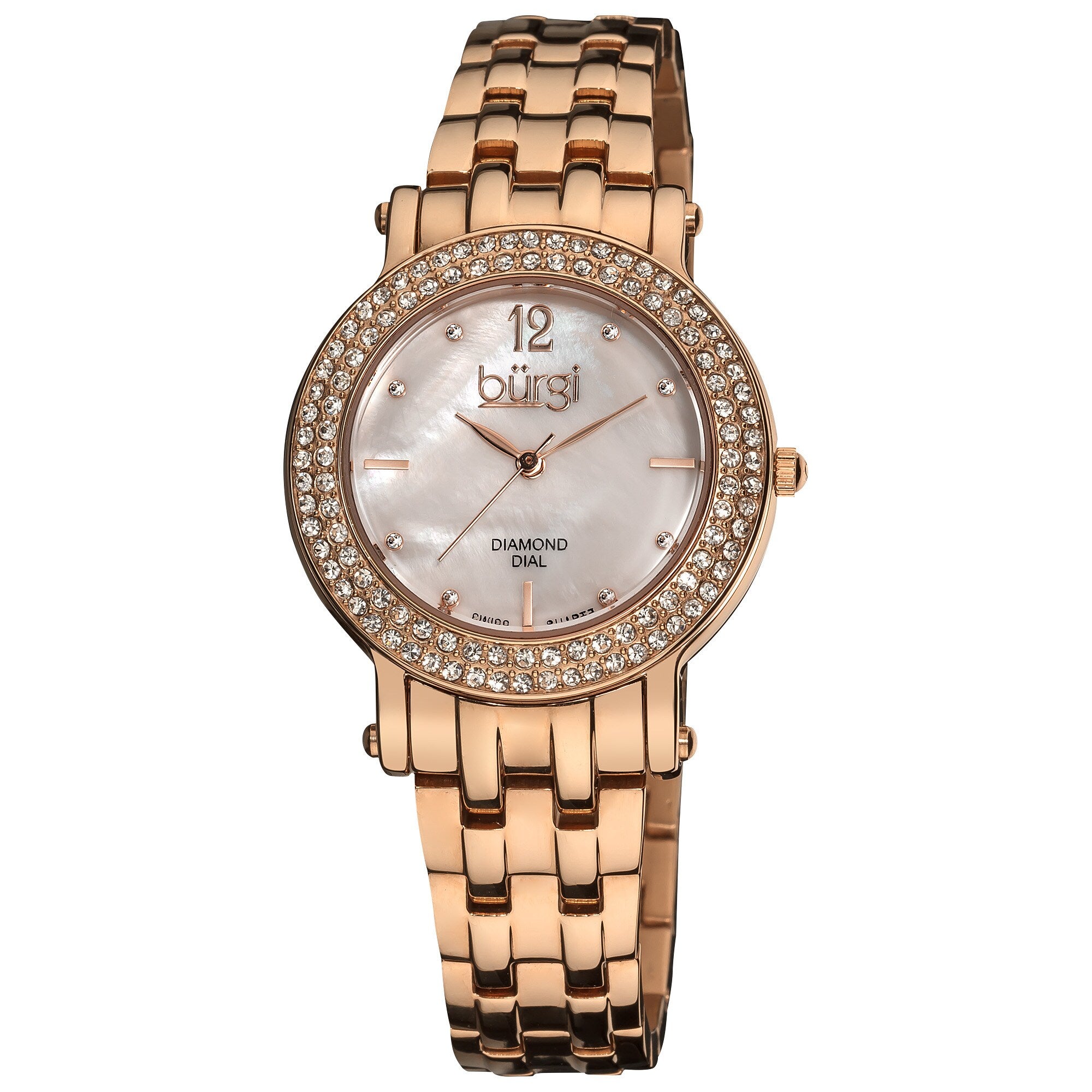 Burgi Womens Diamond Mother Of Pearl Dial Stainless Steel Rose Tone Bracelet Watch White