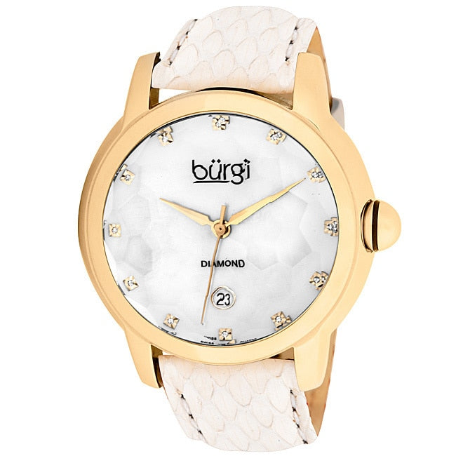 Burgi Womens Diamond Quartz Date Watch White Strap