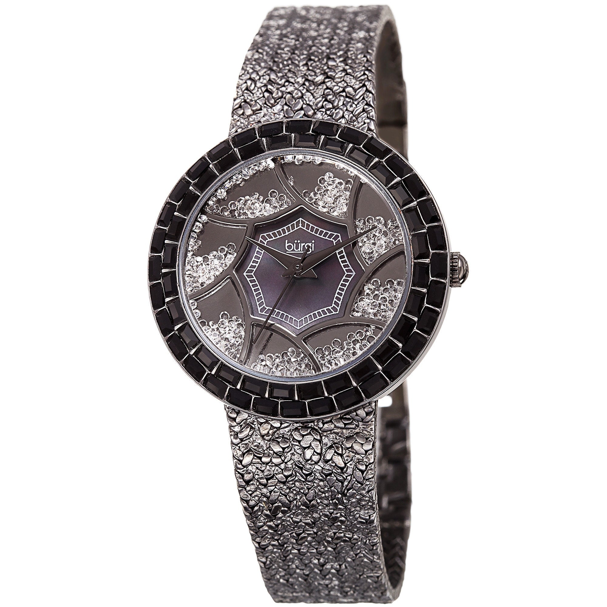 Burgi Womens Emerald Cut Floating Crystals Black Brass Bracelet Watch
