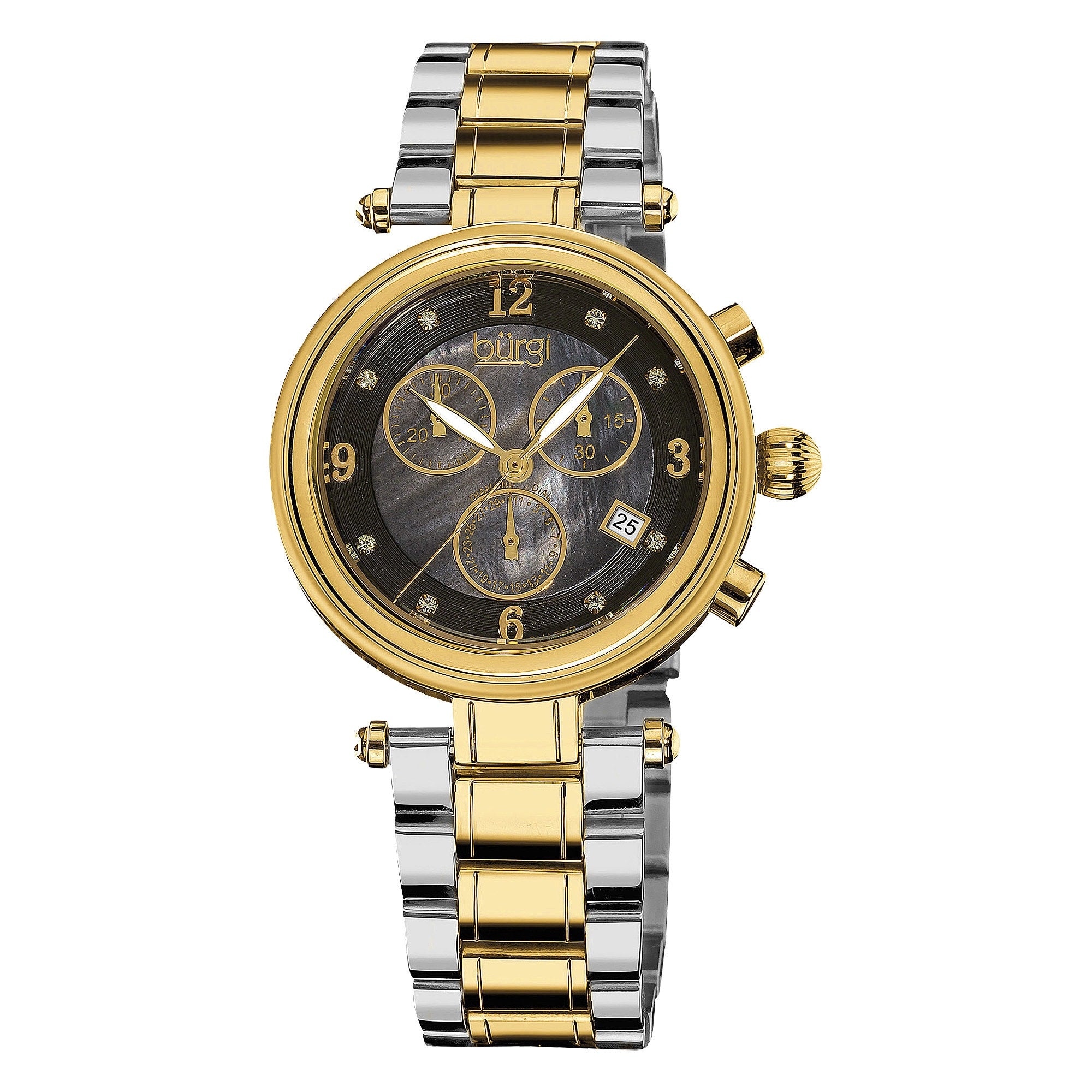 Burgi Womens Mother Of Pearl Dial Chronograph Stainless Steel Two Tone Bracelet Watch