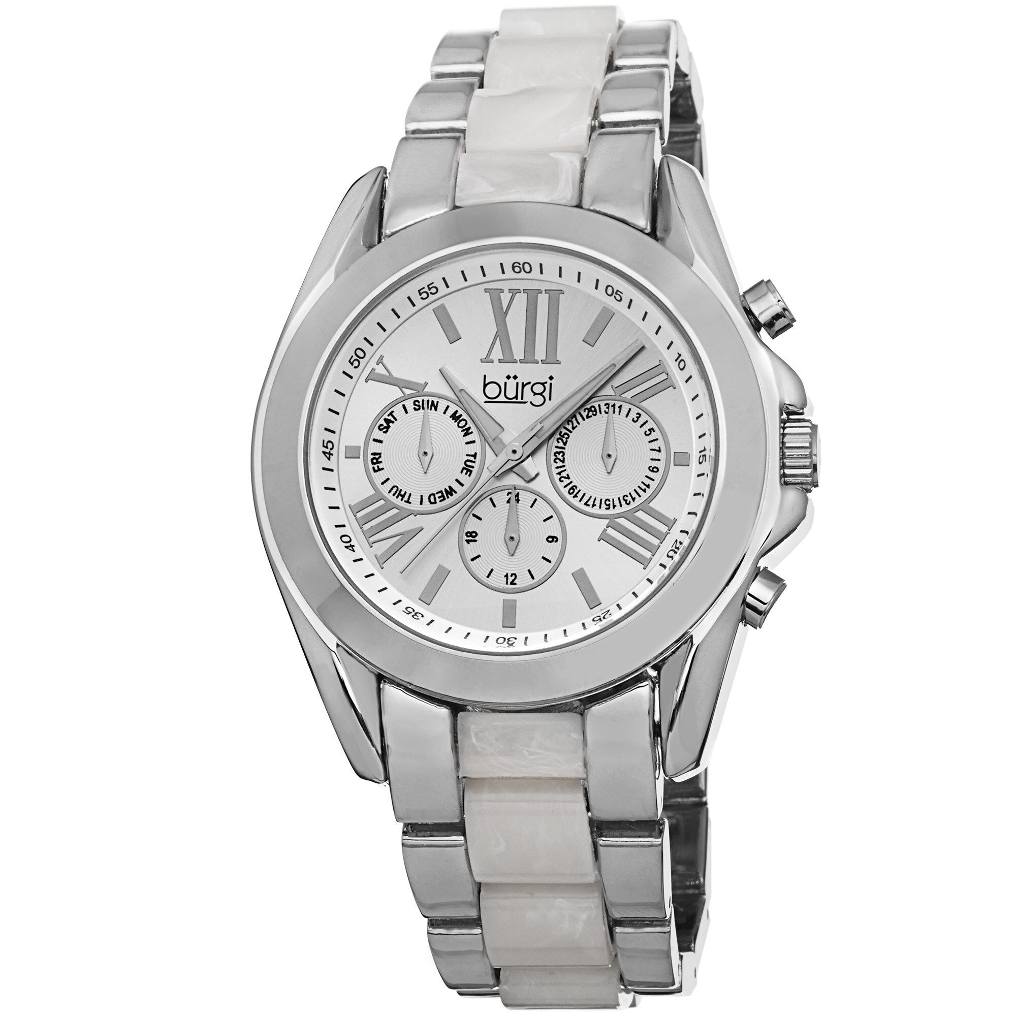 Burgi Womens Multifunction Day Date And 24 Hour Indicator Silver Tone Bracelet Watch