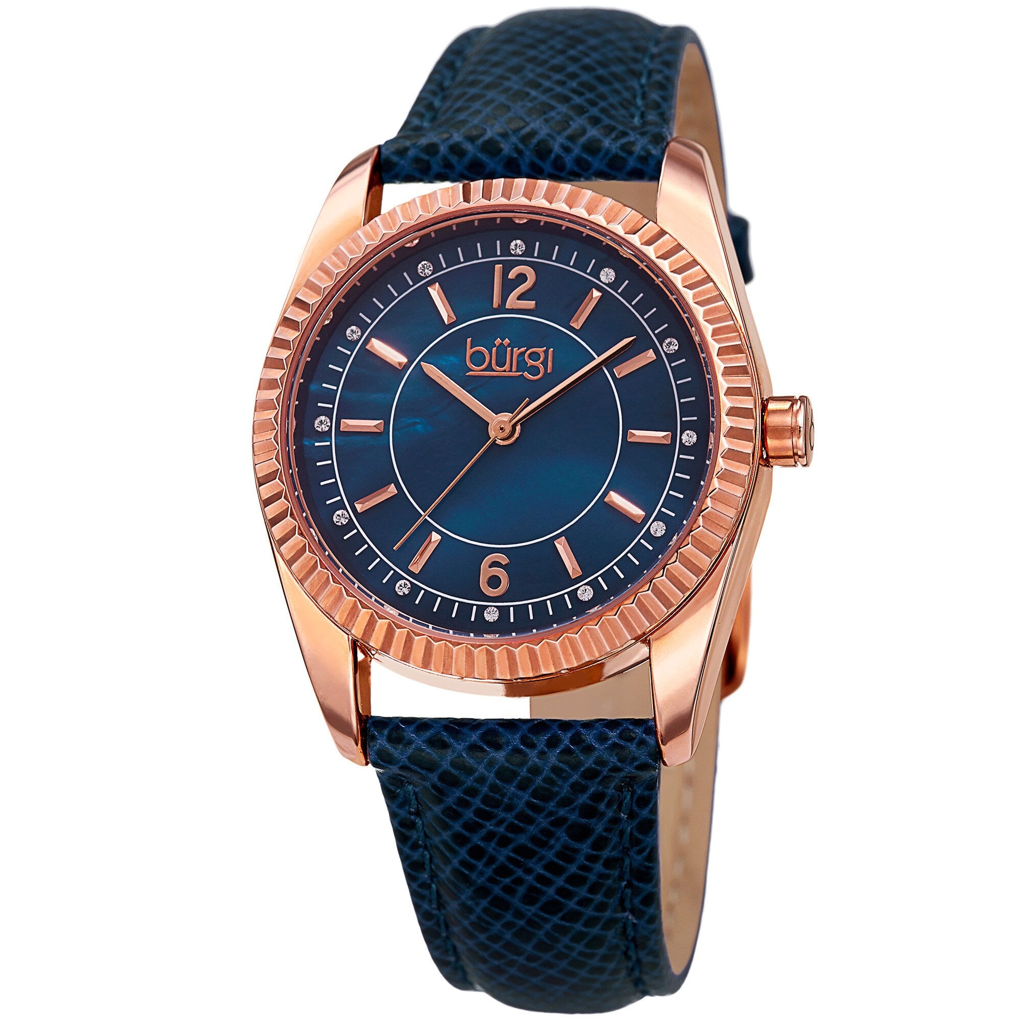 Burgi Womens Quartz Crystal Easy To Read Blue Leather Strap Watch