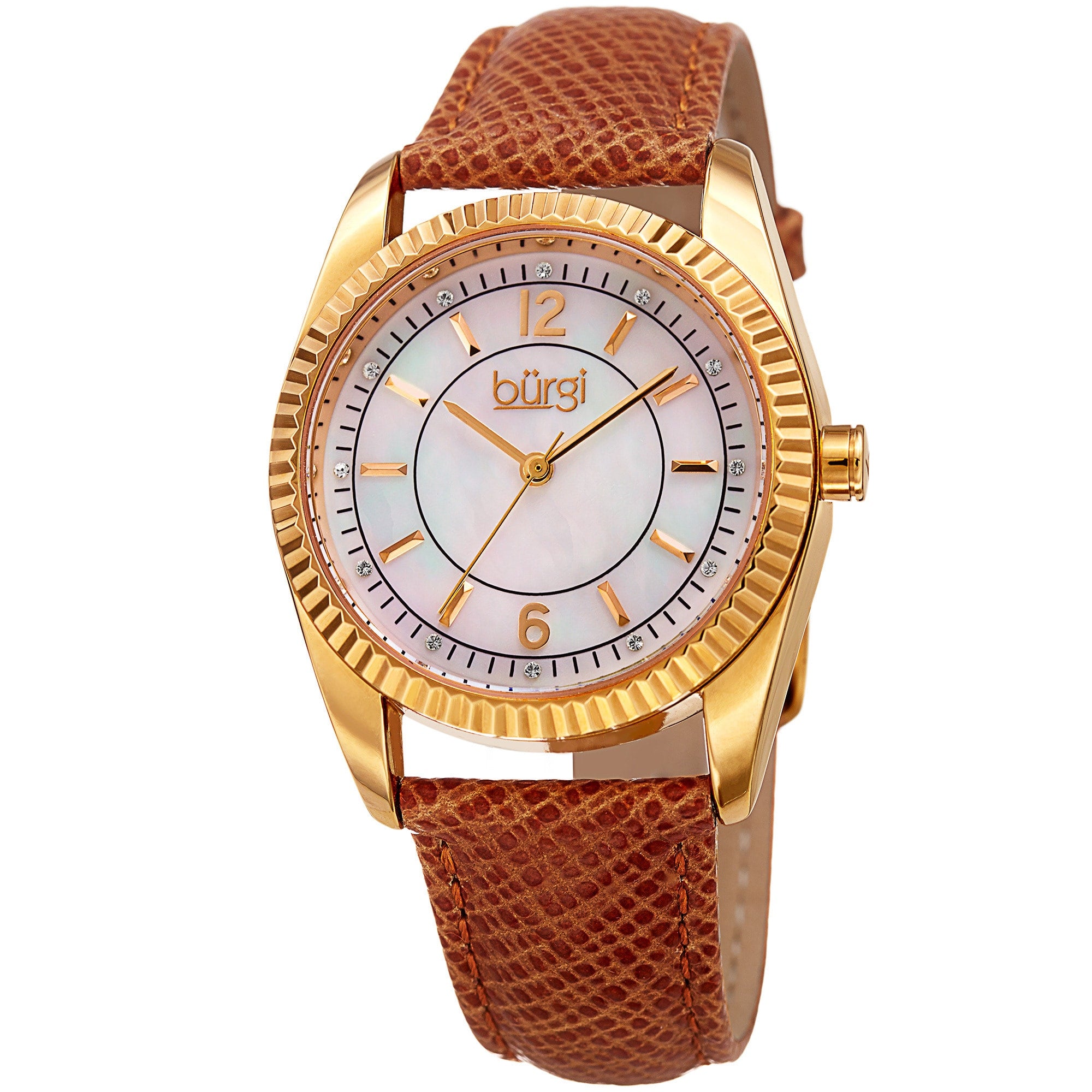 Burgi Womens Quartz Crystal Easy To Read Tan Leather Strap Watch