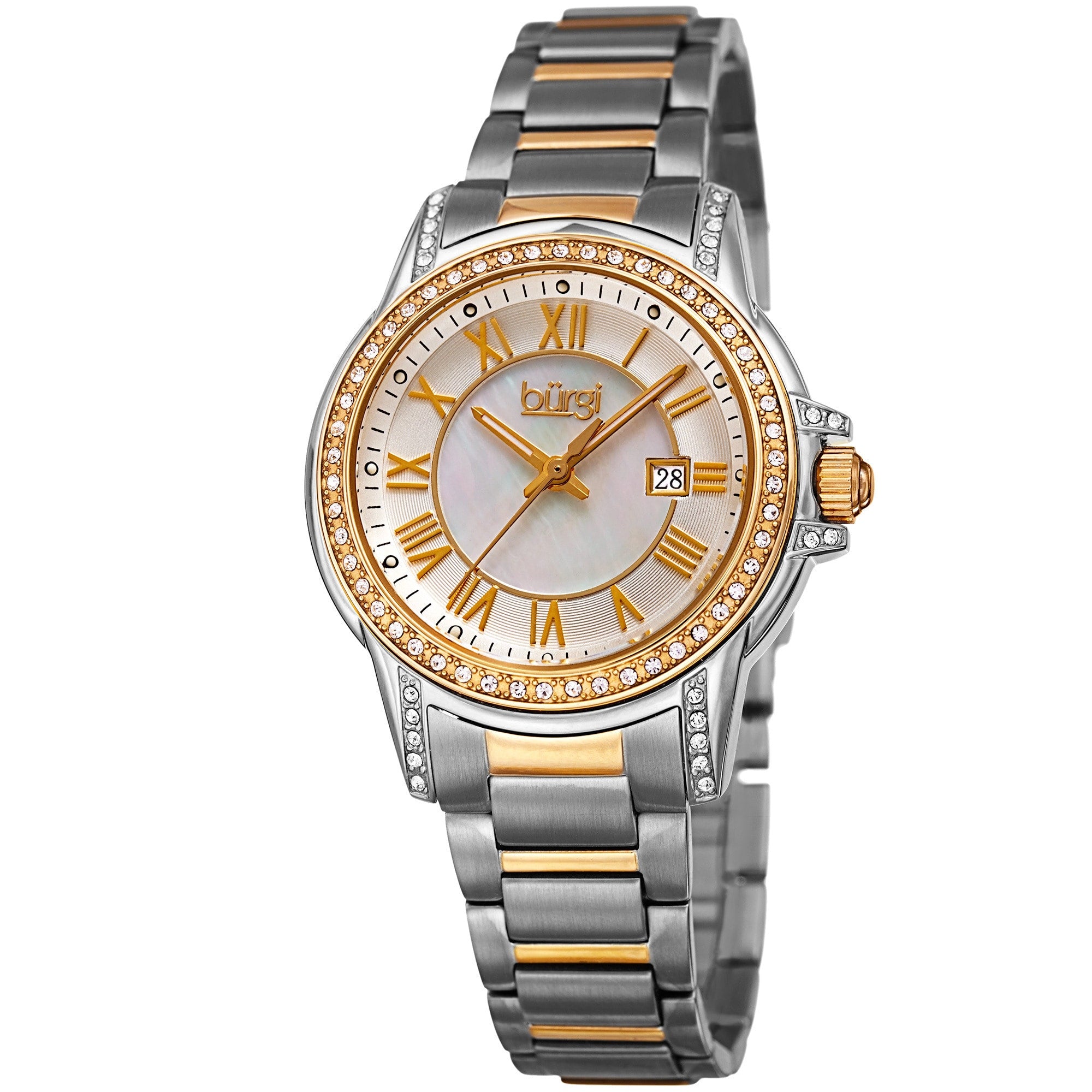 Burgi Womens Quartz Crystal Stainless Steel Two Tone Bracelet Watch