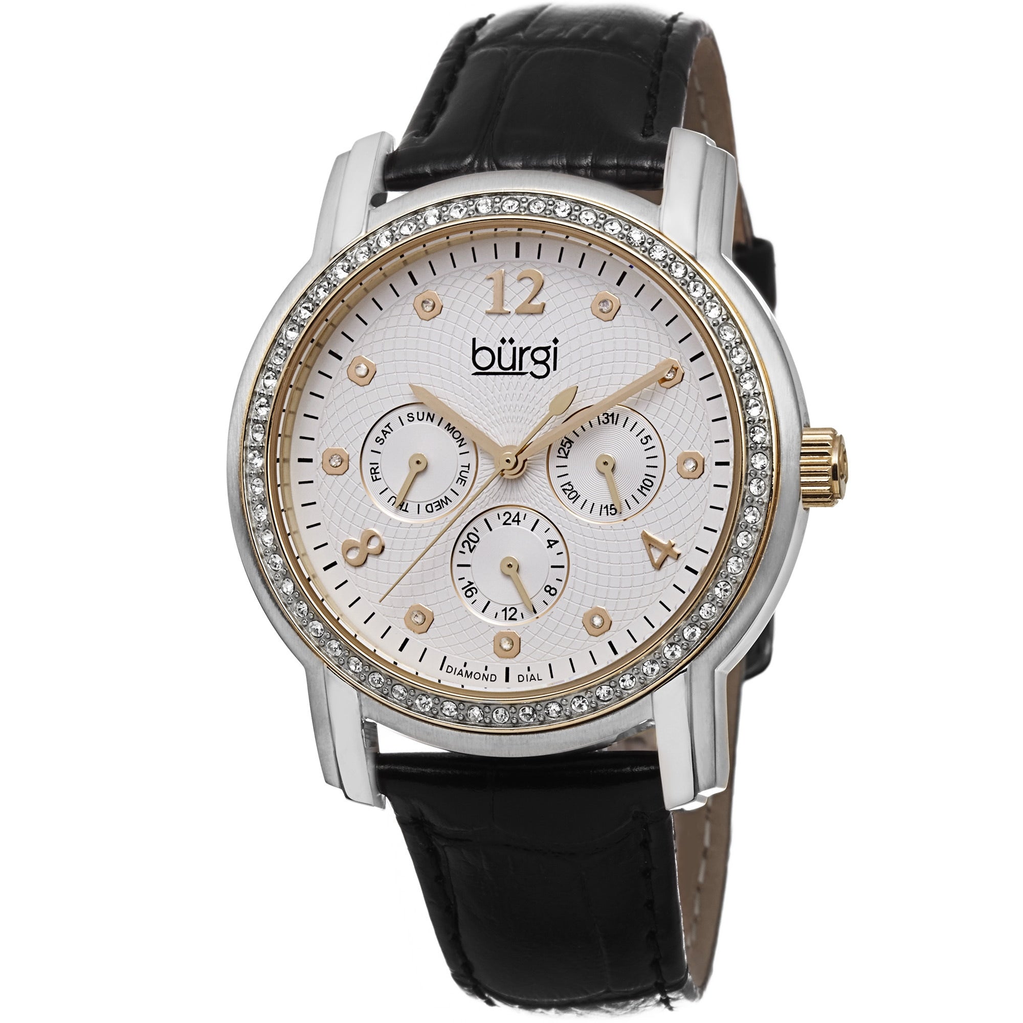 Burgi Womens Quartz Diamond Dial Multifunction Leather Black Strap Watch