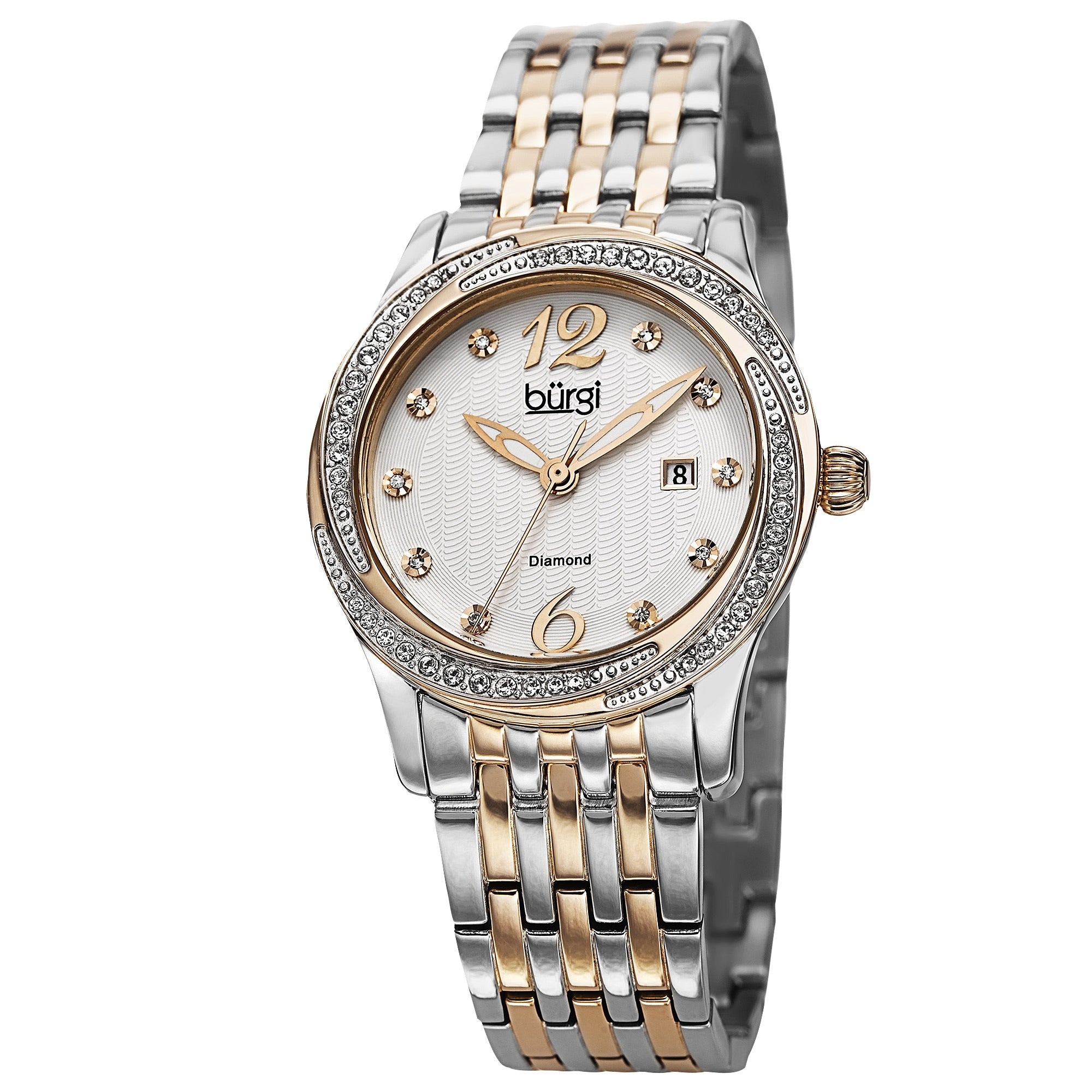 Burgi Womens Quartz Diamond Dial Stainless Steel Two Tone Bracelet Watch