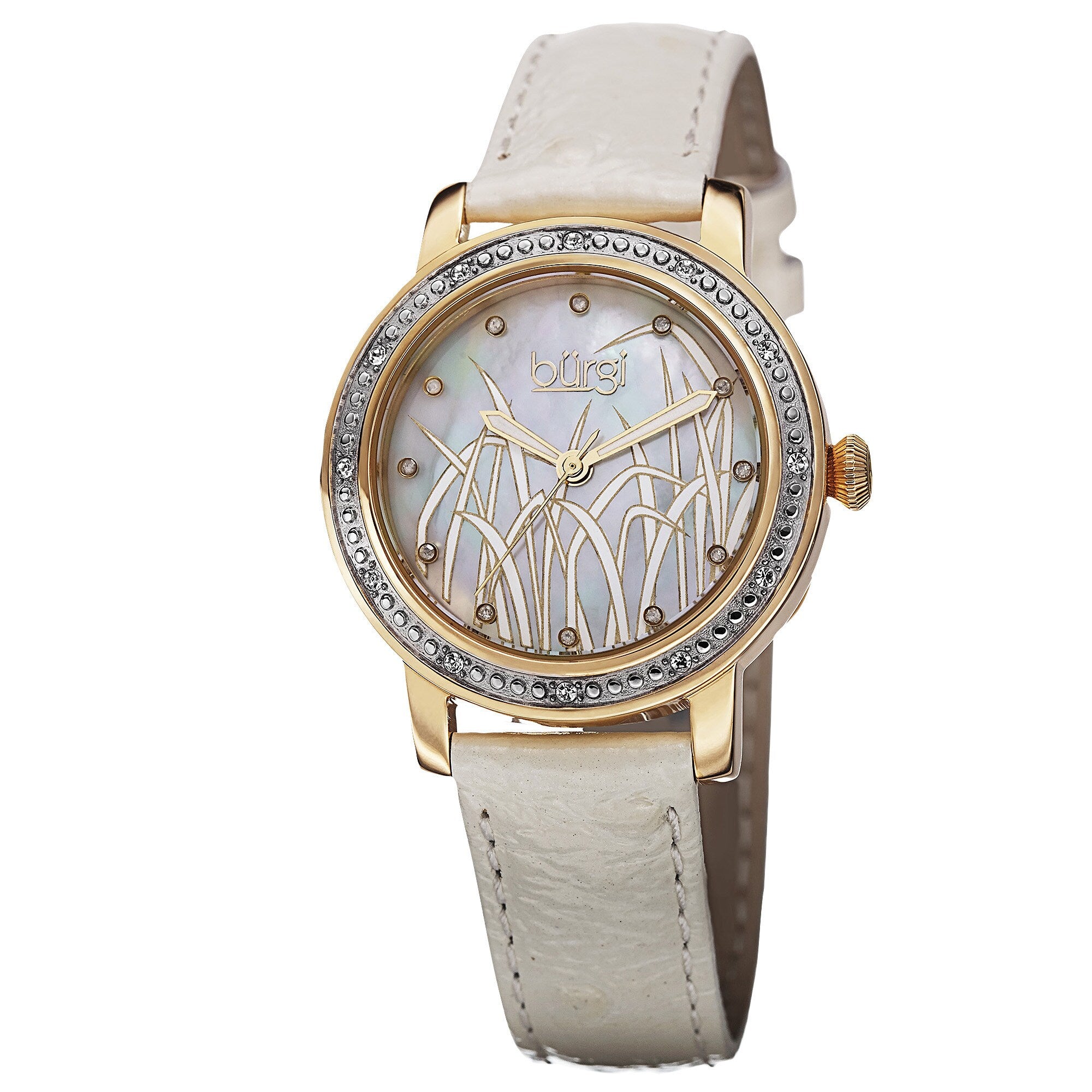 Burgi Womens Quartz Diamond Leather Gold Tone Strap Watch
