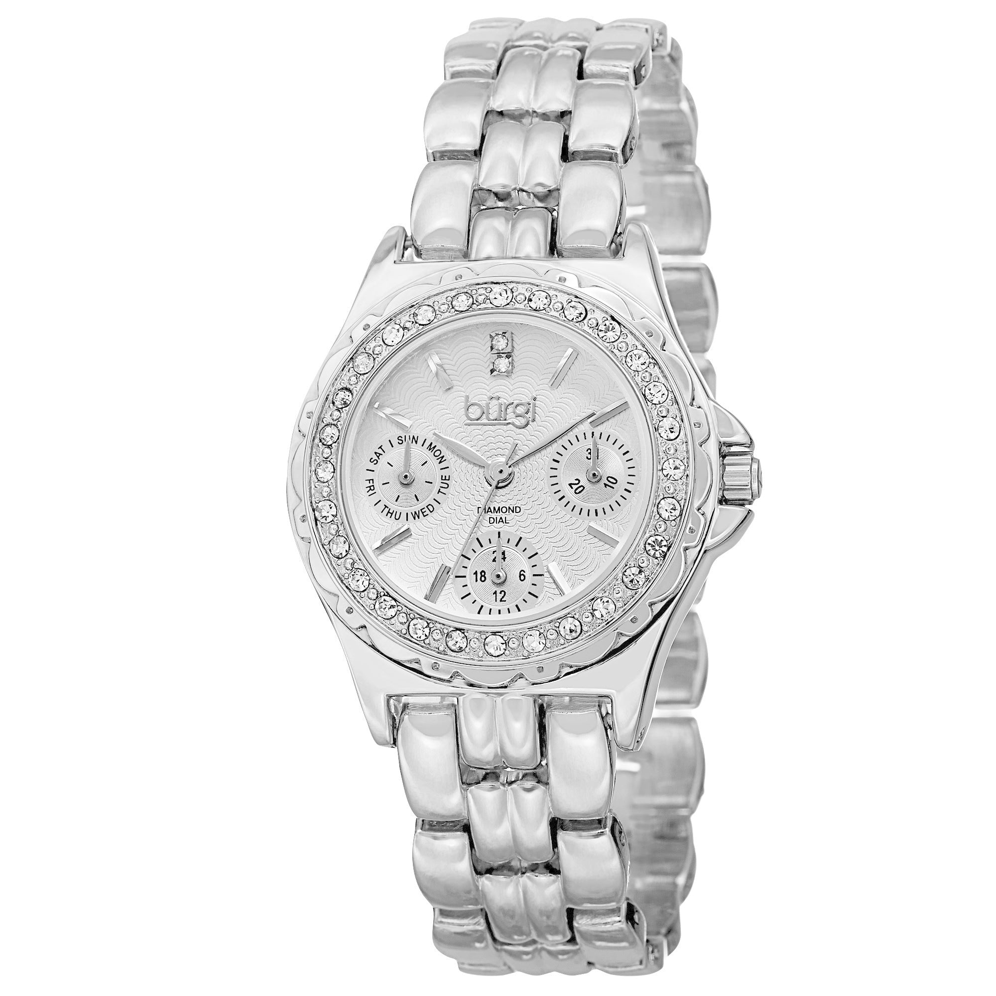Burgi Womens Quartz Diamond Marker Multifunction Alloy Silver Tone Bracelet Watch