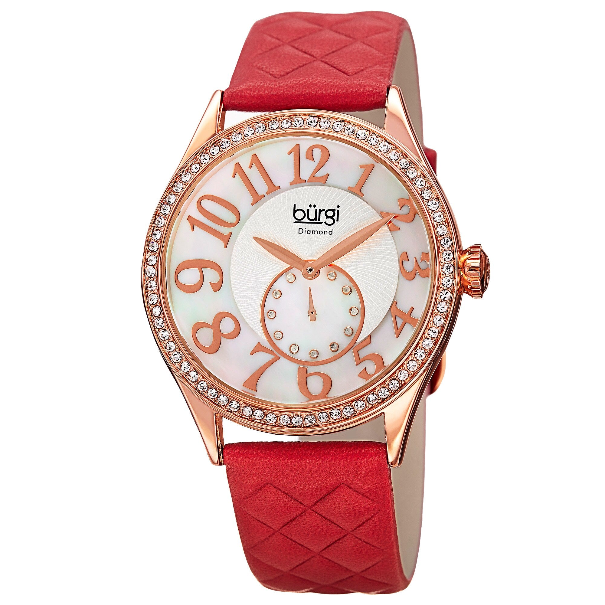 Burgi Womens Quartz Diamond Swarovski Crystal Leather Red Strap Watch
