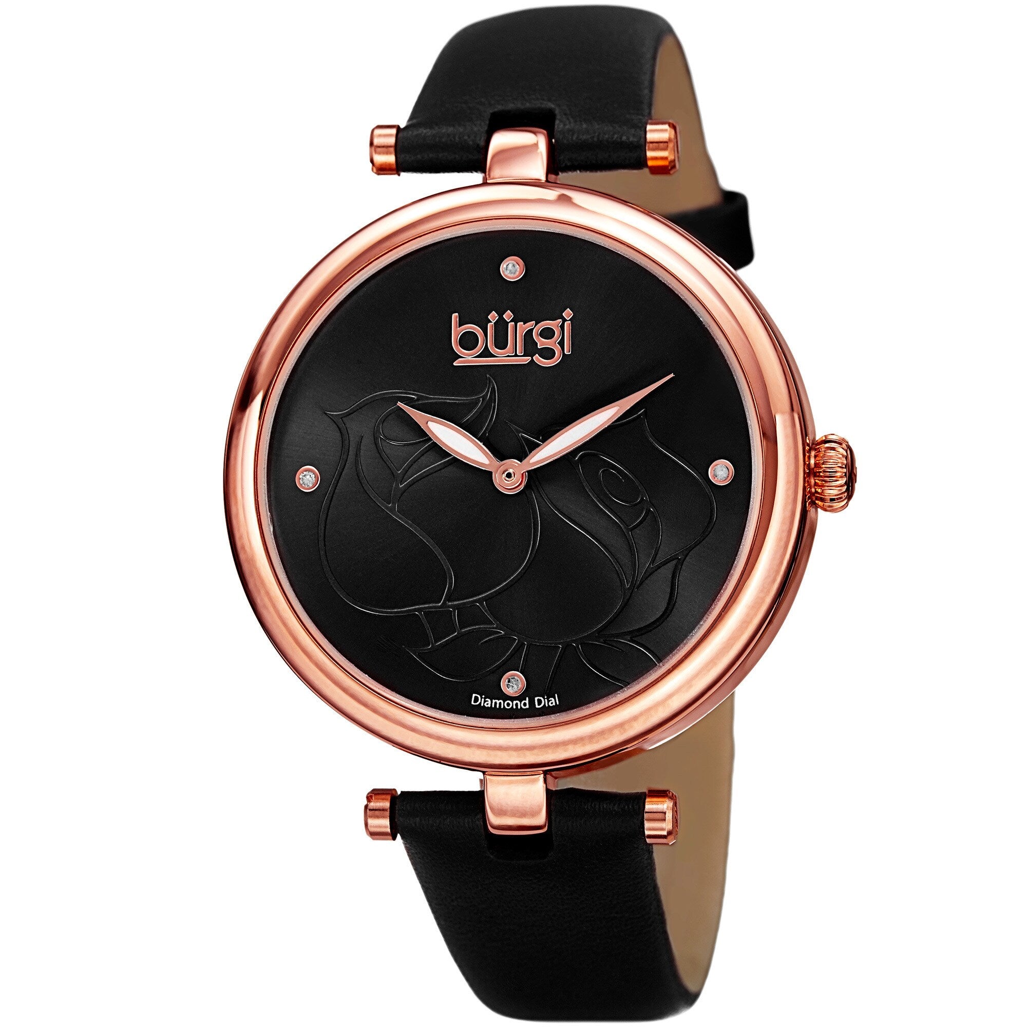Burgi Womens Quartz Floral Rose Design Leather Black Strap Watch