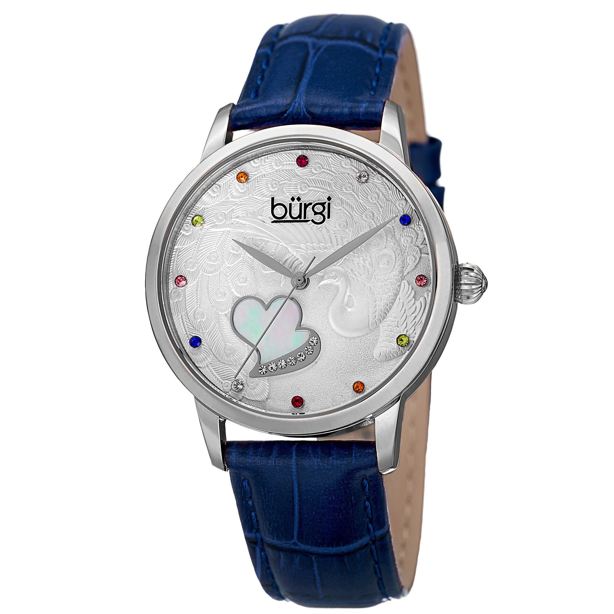 Burgi Womens Quartz Swarovski Crystal Leather Blue Strap Watch