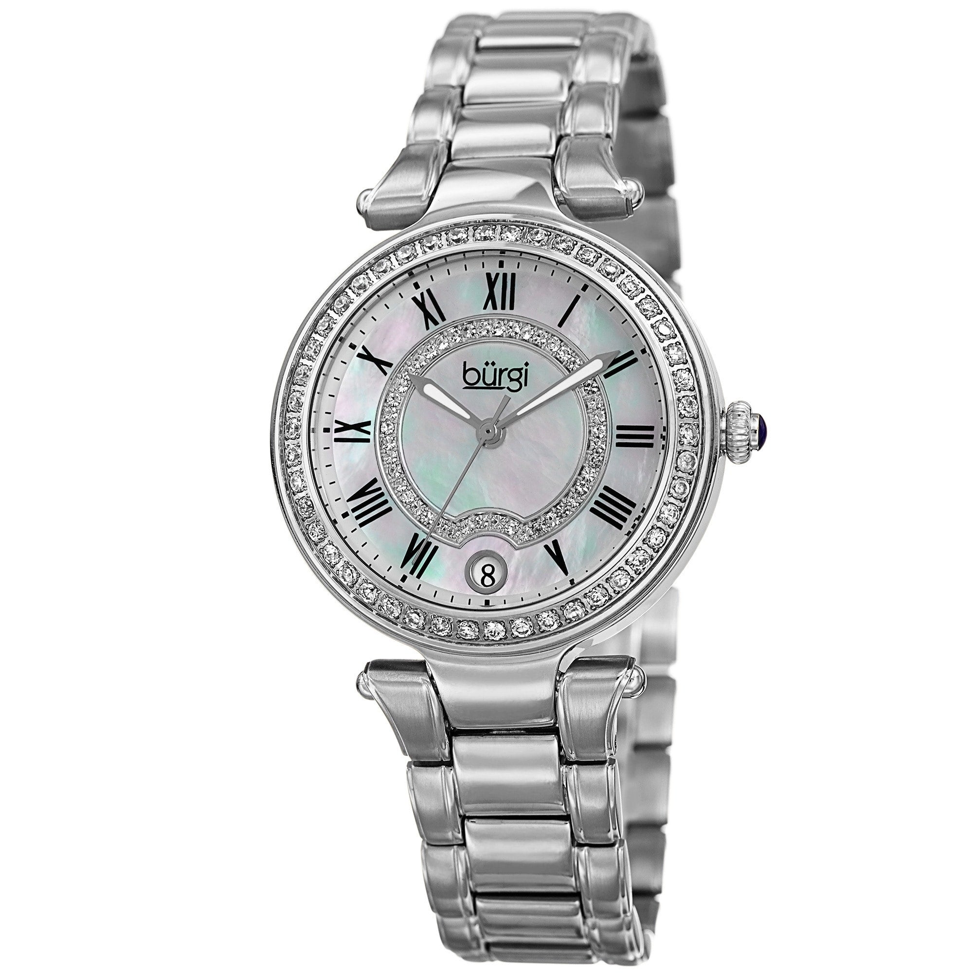 Burgi Womens Quartz Swarovski Crystal Stainless Steel Silver Tone Bracelet Watch