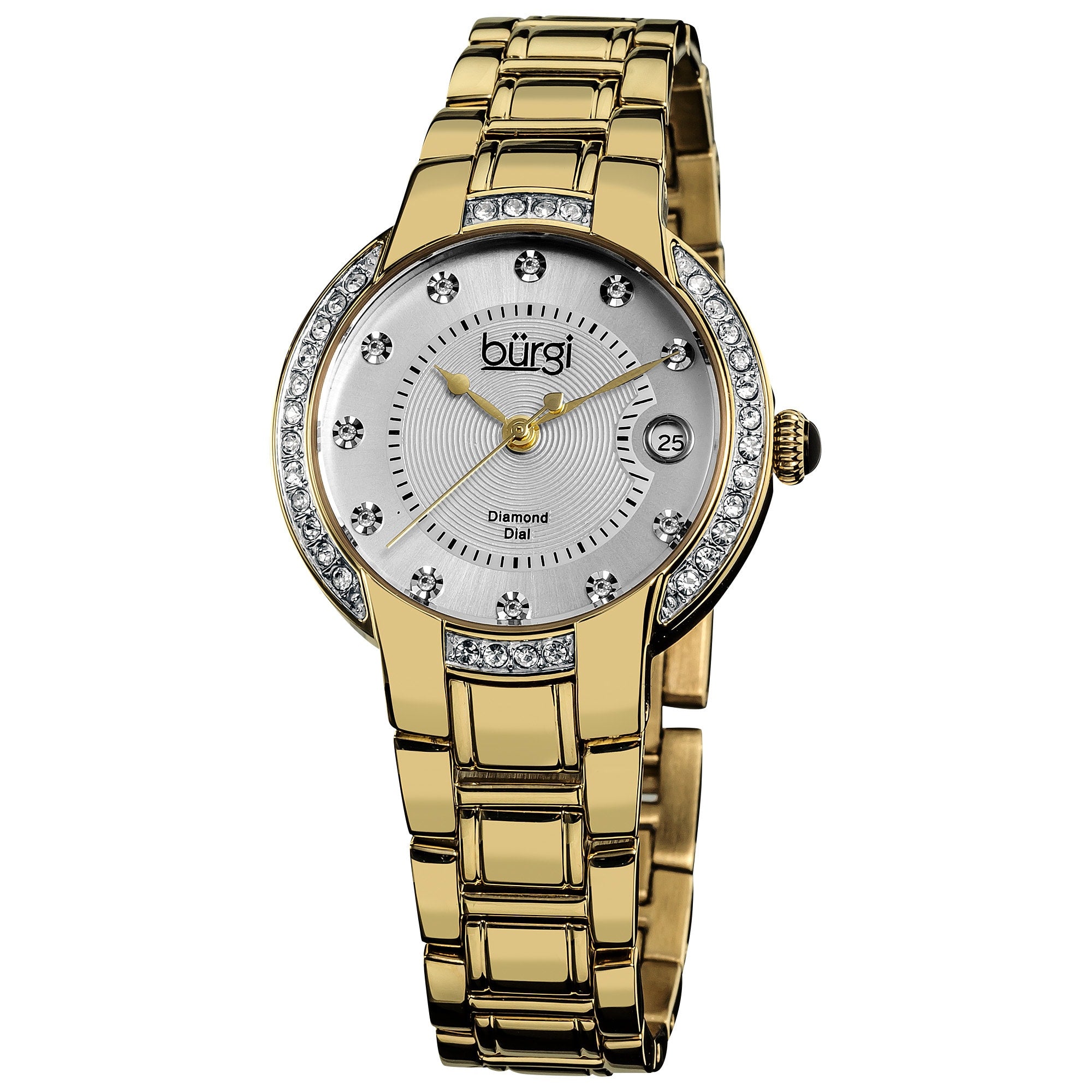 Burgi Womens Stainless Steel Diamond Date Gold Tone Bracelet Watch Black