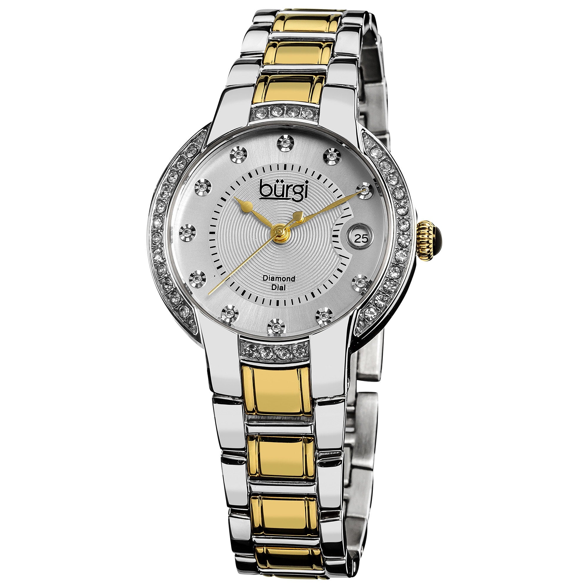 Burgi Womens Stainless Steel Diamond Date Two Tone Bracelet Watch Black