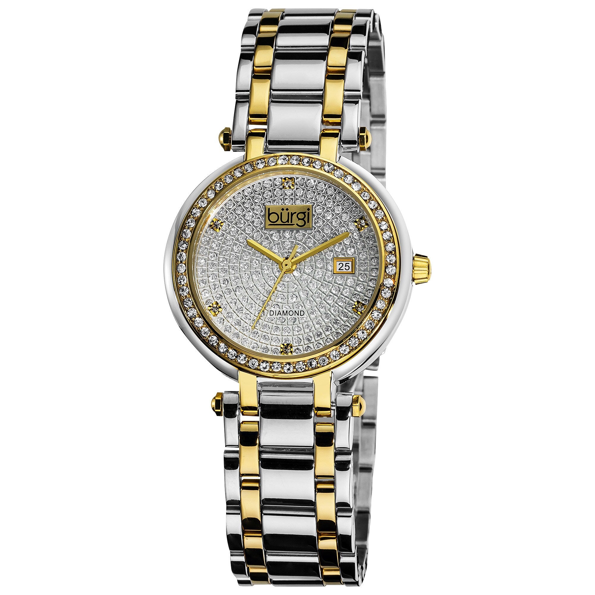 Burgi Womens Stainless Steel Pave Pattern Diamond Two Tone Bracelet Watch Silver