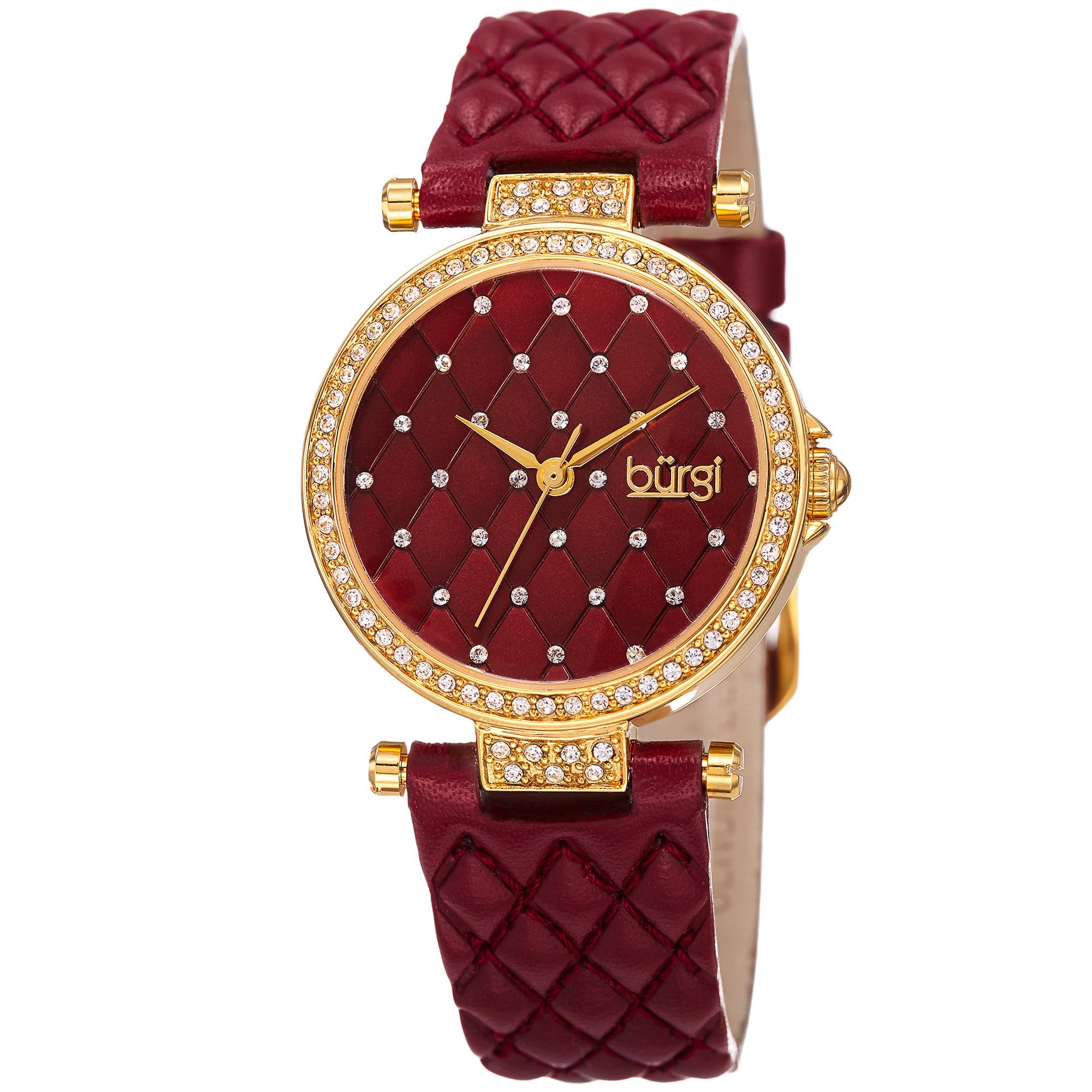 Burgi Womens Swarovski Crystals Quartz Quilted Design Leather Strap Watch Red