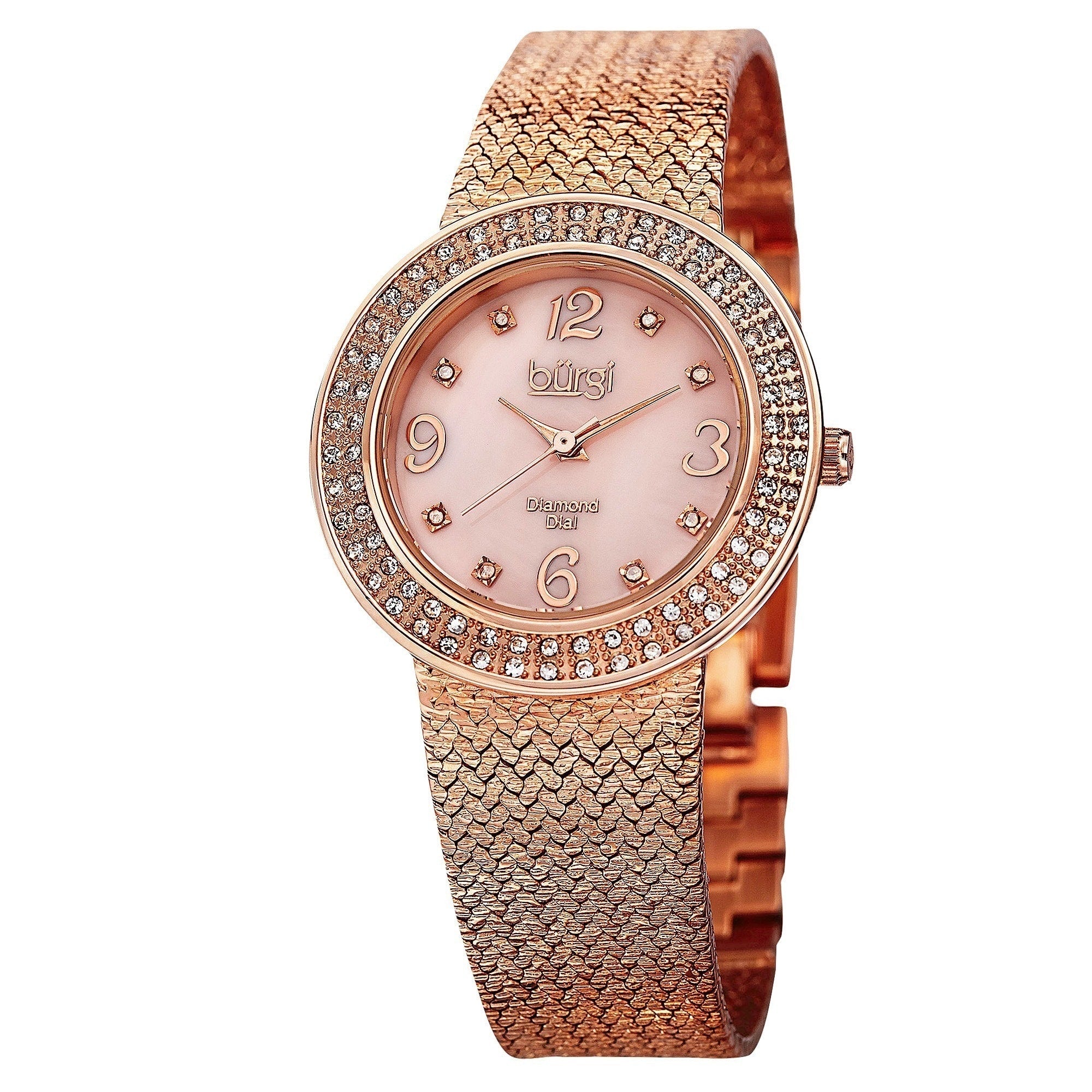 Burgi Womens Swiss Quartz Diamond Mesh Rose Tone Bracelet Watch