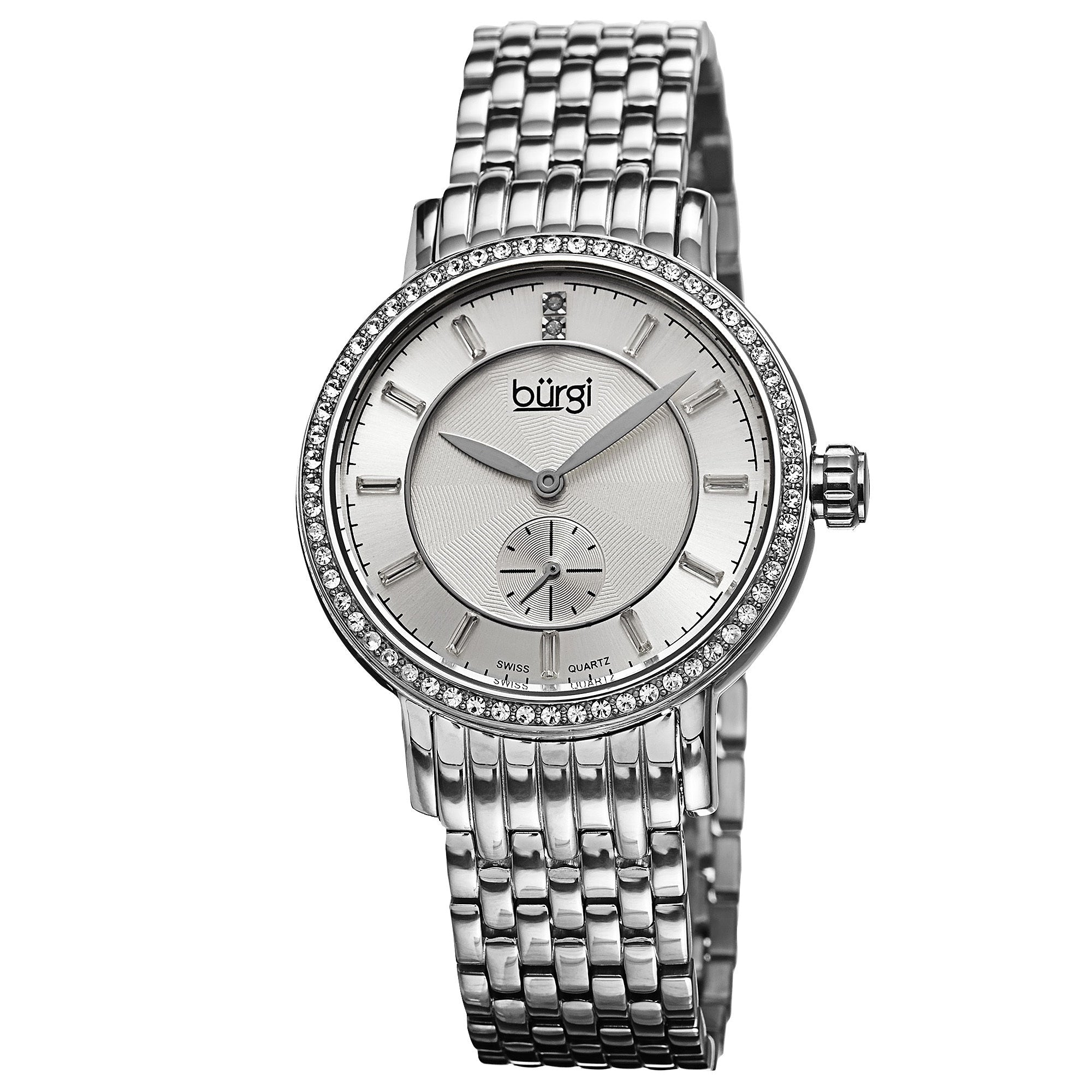 Burgi Womens Swiss Quartz Diamond Stainless Steel Silver Tone Bracelet Watch