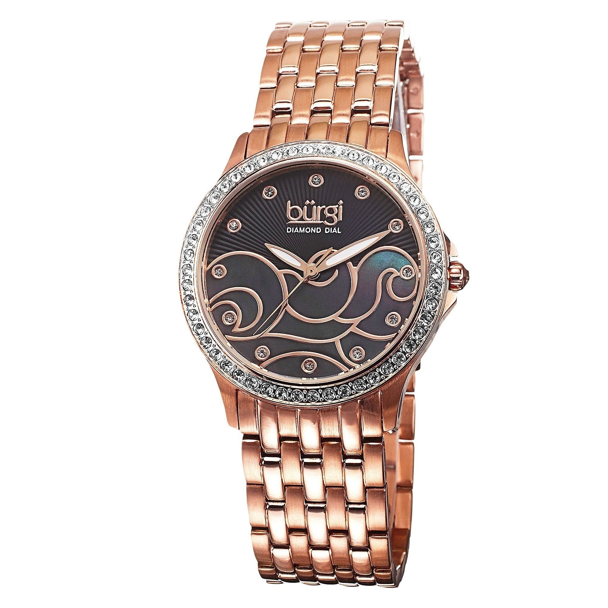 Burgi Womens Swiss Quartz Diamond Wave Dial Rose Tone Bracelet Watch