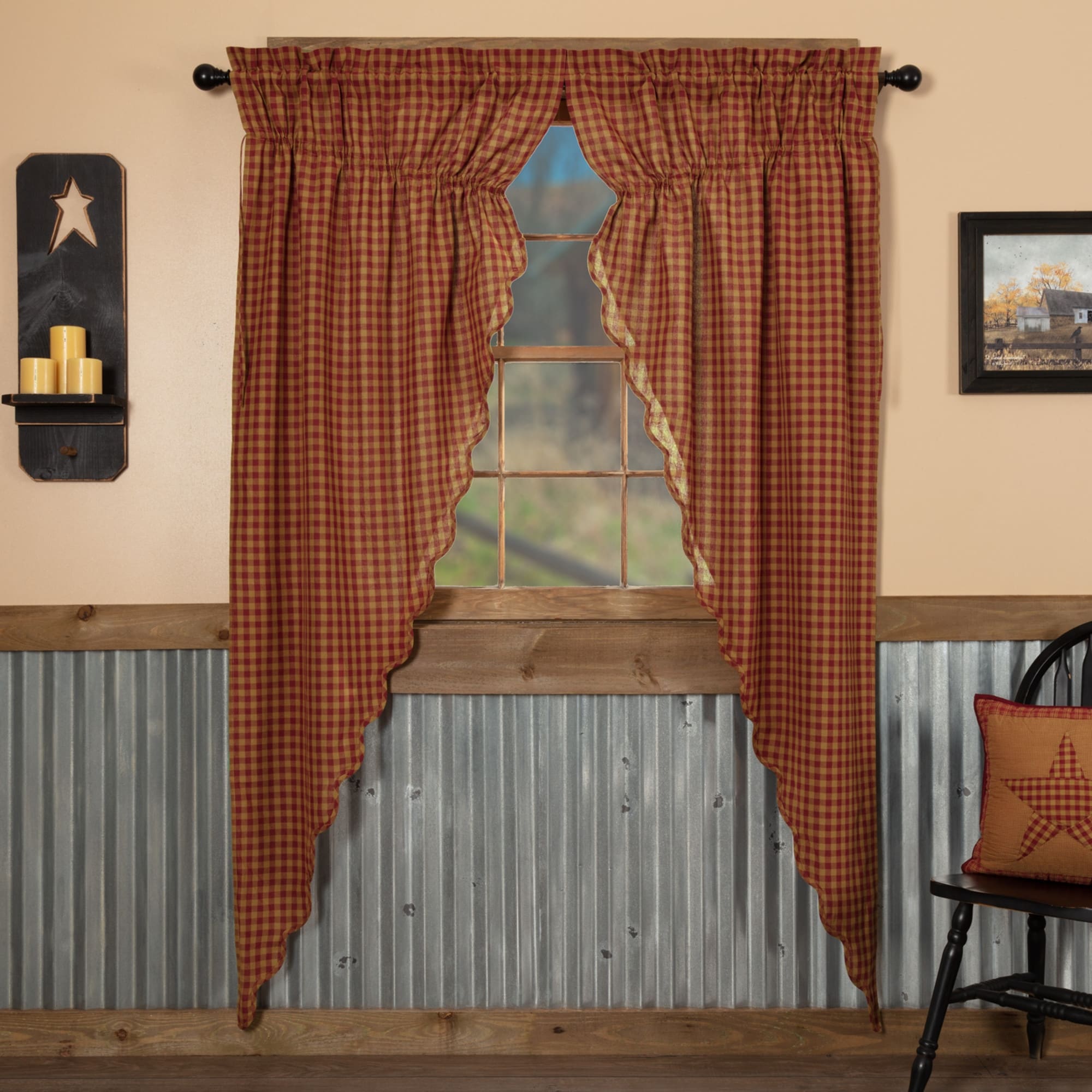 Red Primitive Curtains Vhc Burgundy Check Prairie Panel Pair Rod Pocket Cotton Check