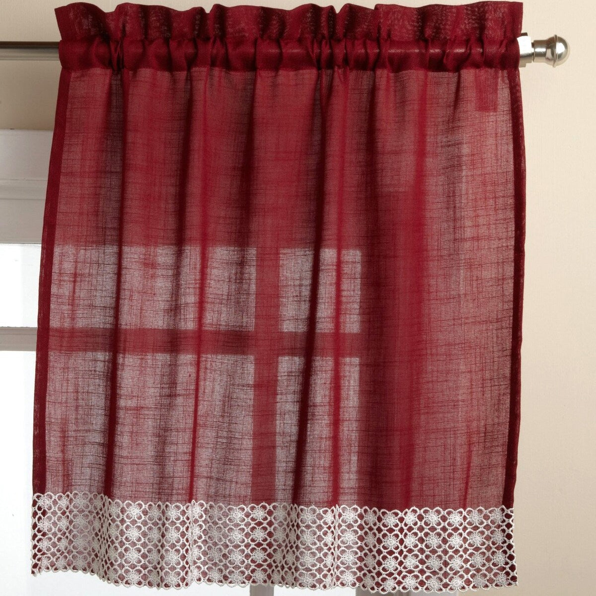 Burgundy Country Style Curtain Parts With White Daisy Lace Accent Tier Swag And Valances