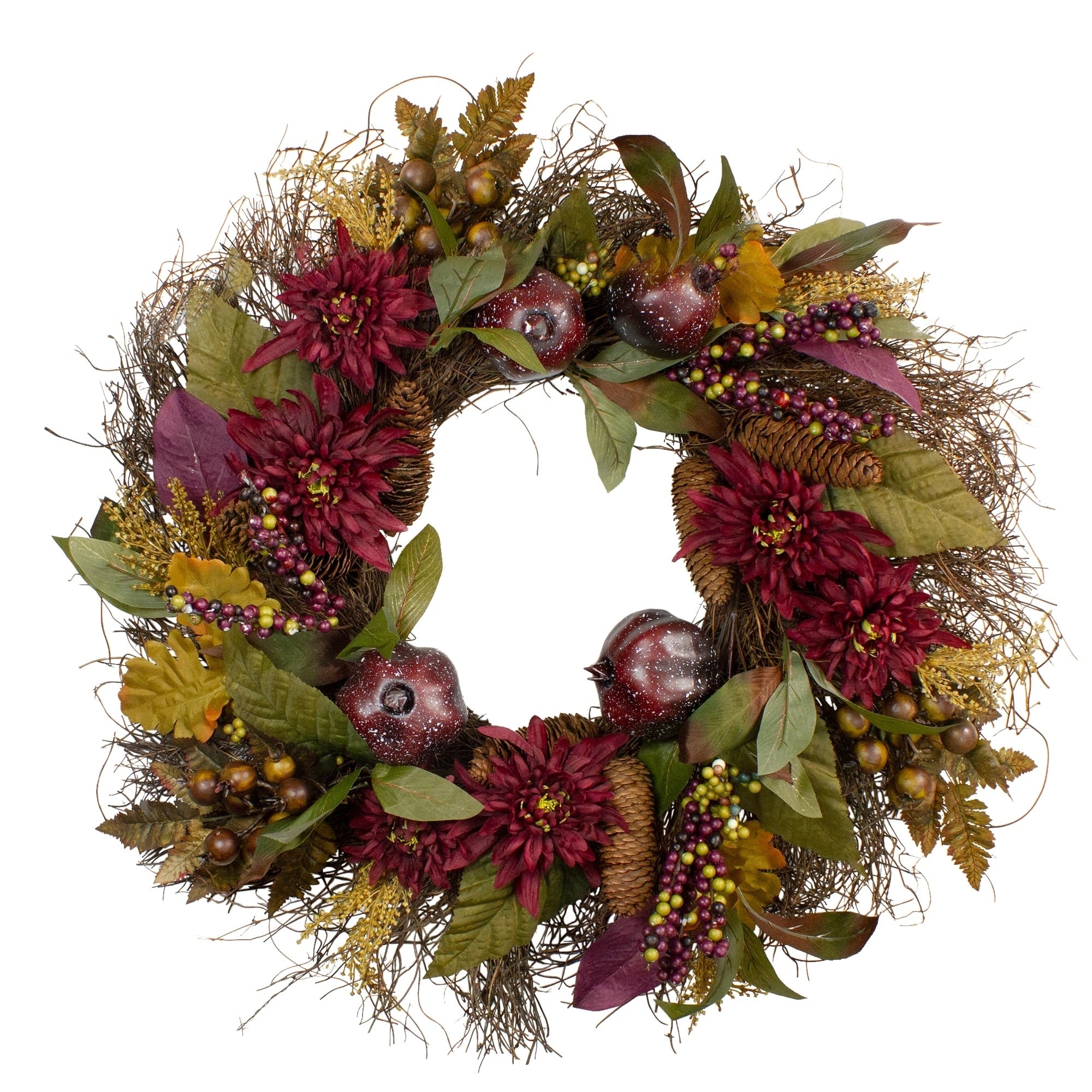 Burgundy Mums And Pomegranate Spiral Vine Wreath 28 Unlit