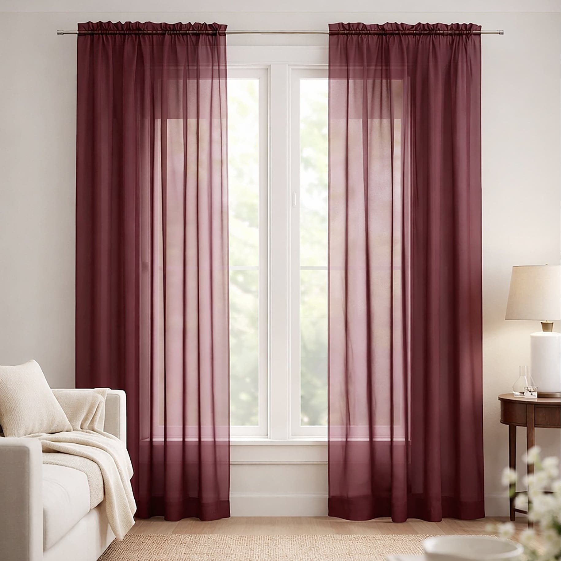 Burgundy Sheer Window Rod Pocket Curtain Set 90 Inches Long 2 Panels