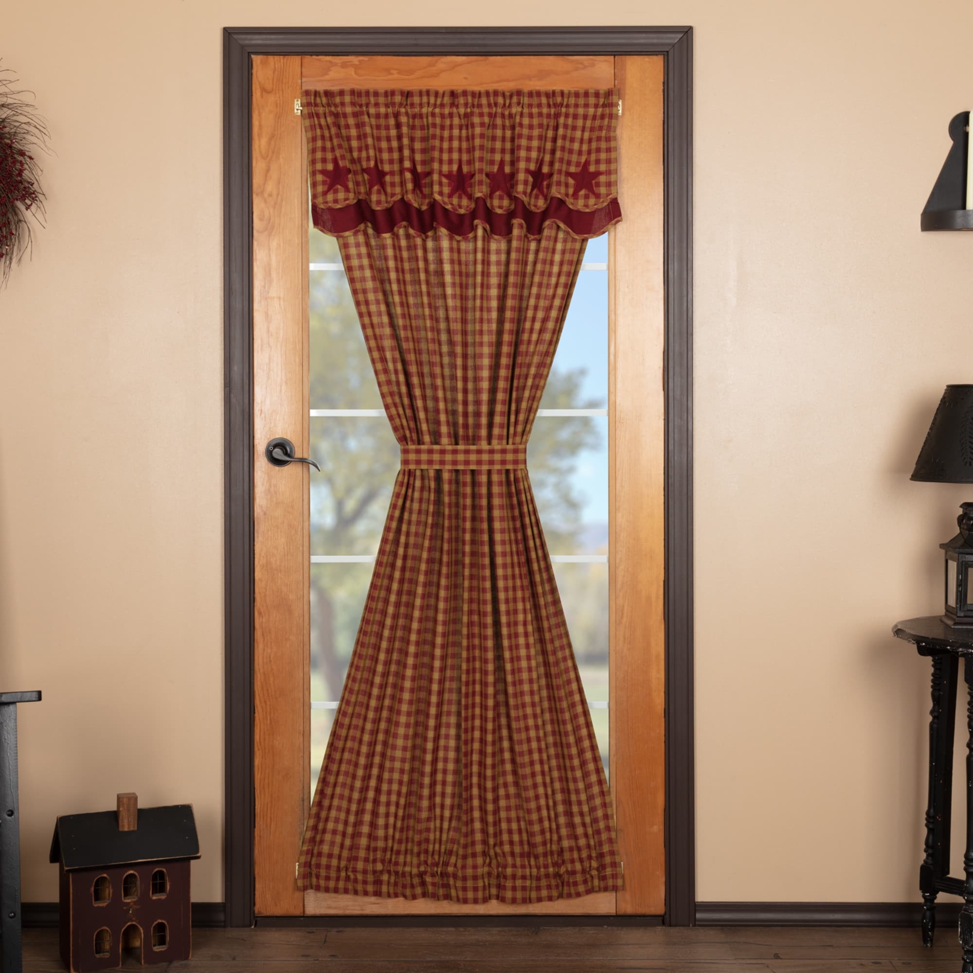 Red Burgundy Cotton Primitive Cody Rod Pocket Star Applique Door Panel