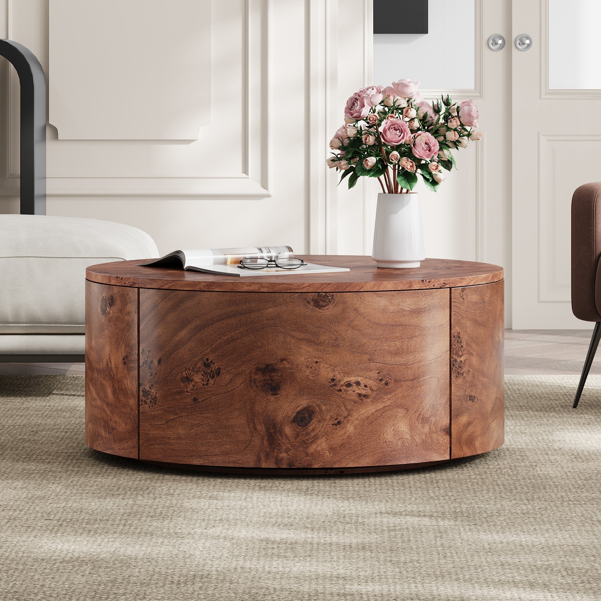 Burl Wood Rotating Coffee Table With 2 Drawers 360 Rotating Top Walnut 28.4