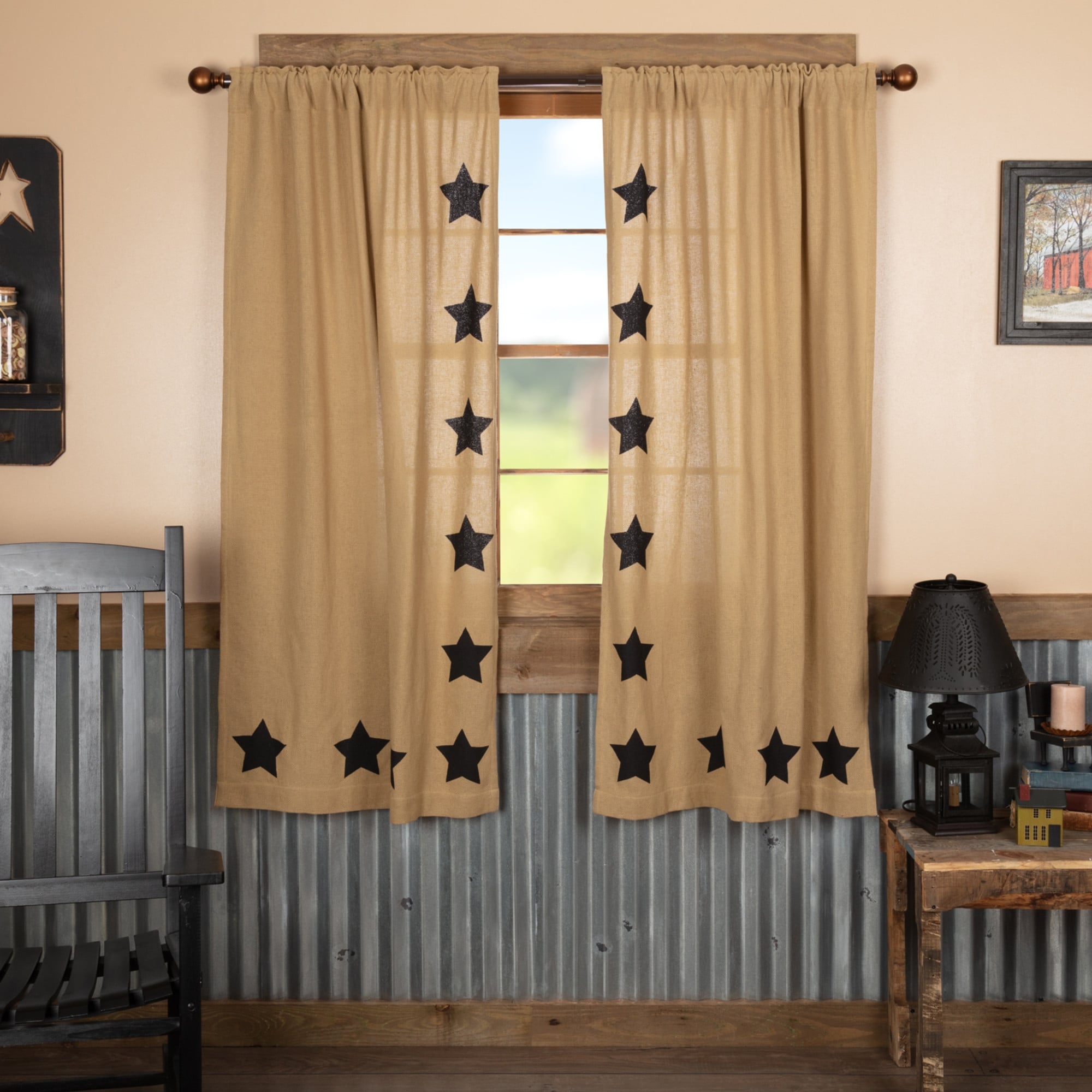 Burlap W Stencil Stars Short Panel Set 63 X 36