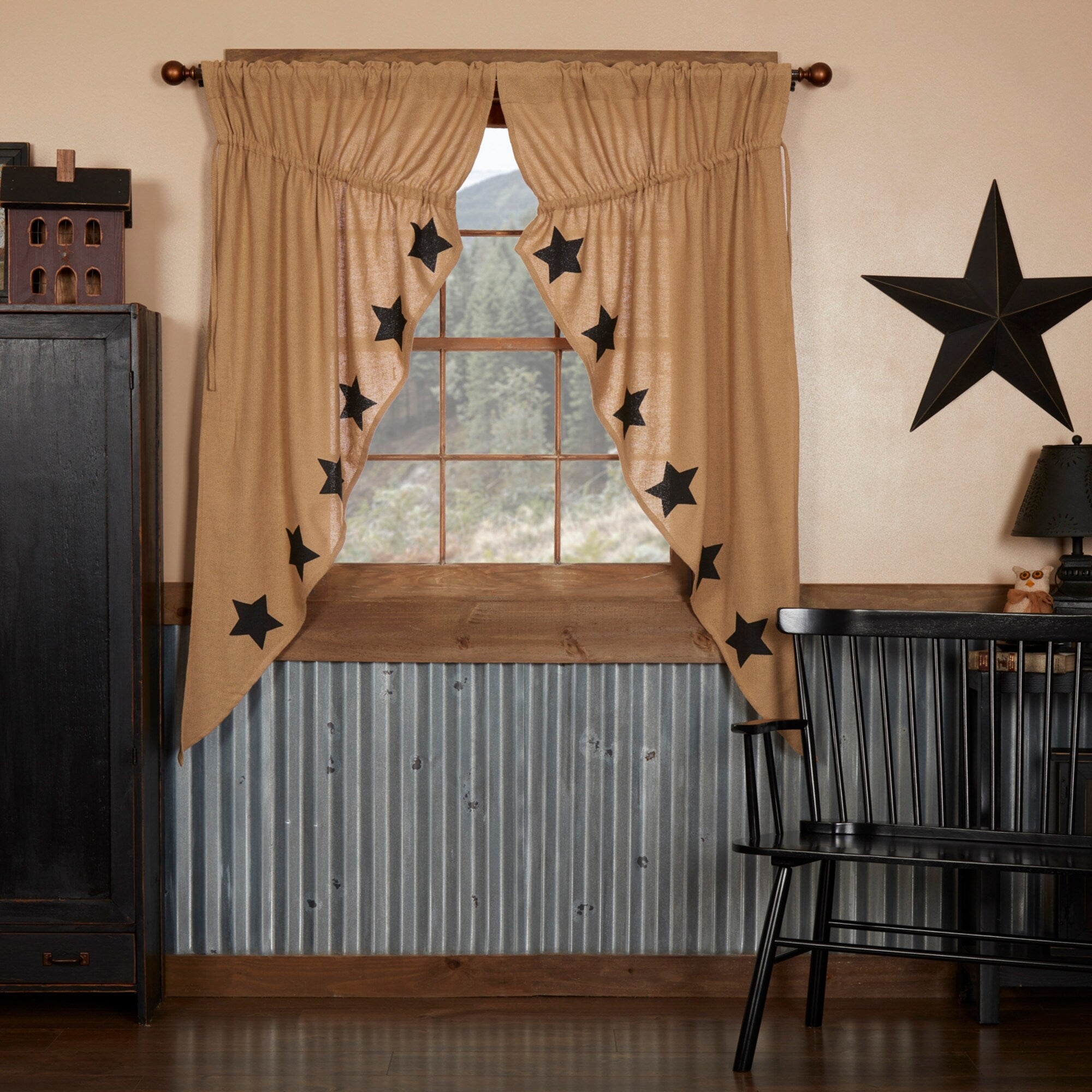 Burlap W Stencil Stars Prairie Curtain Set 63 X 36