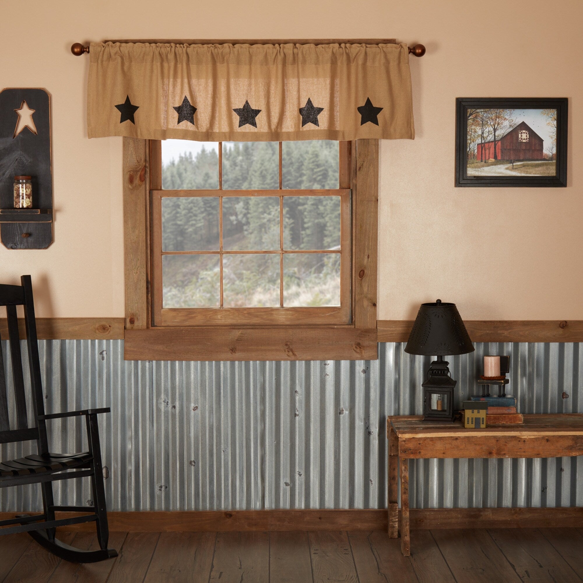 Burlap W Stencil Stars Valance