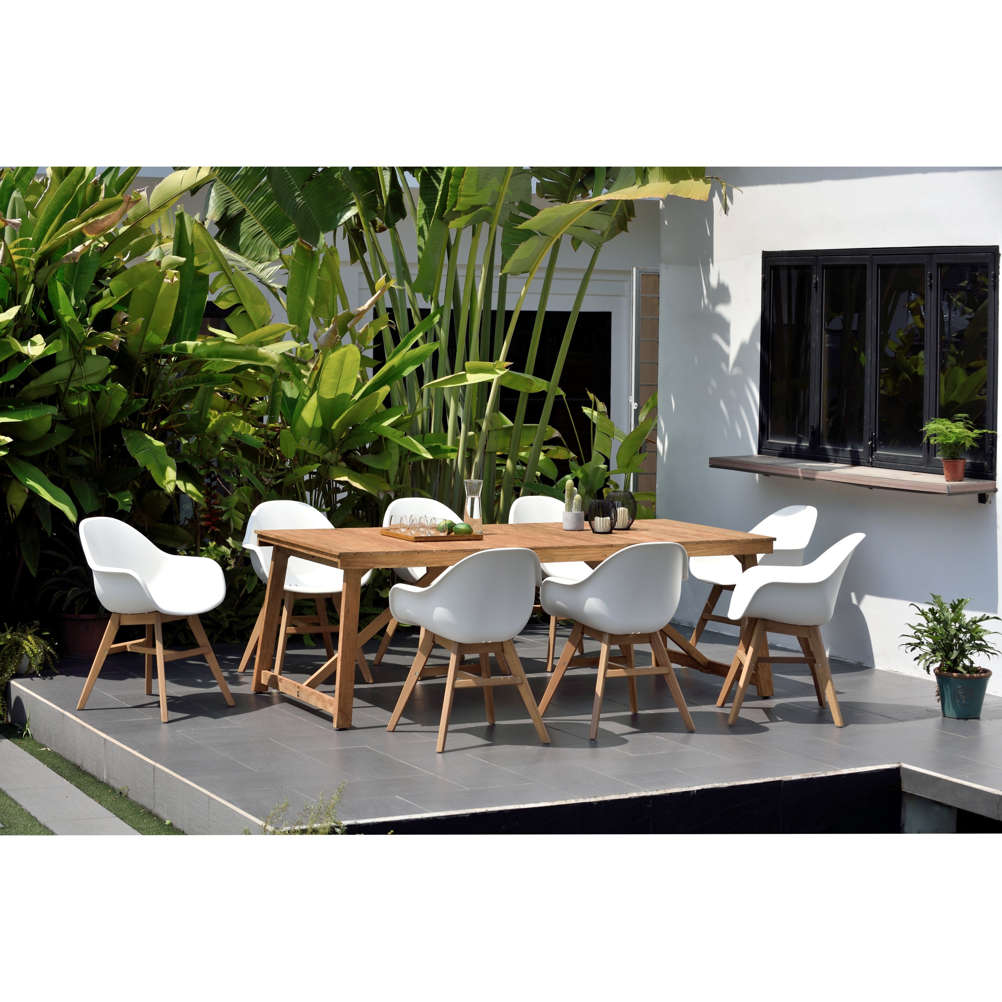 Burleigh Teak Rectangular 9 Piece Patio Dining Set With White Chairs By Amazonia