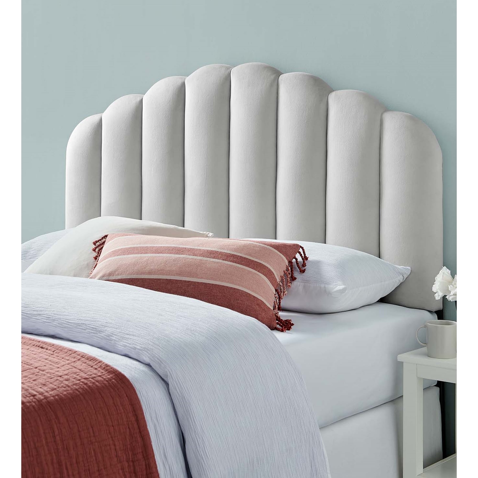 Burney Scalloped Light Grey Velvet Upholstered Full Queen Size Headboard